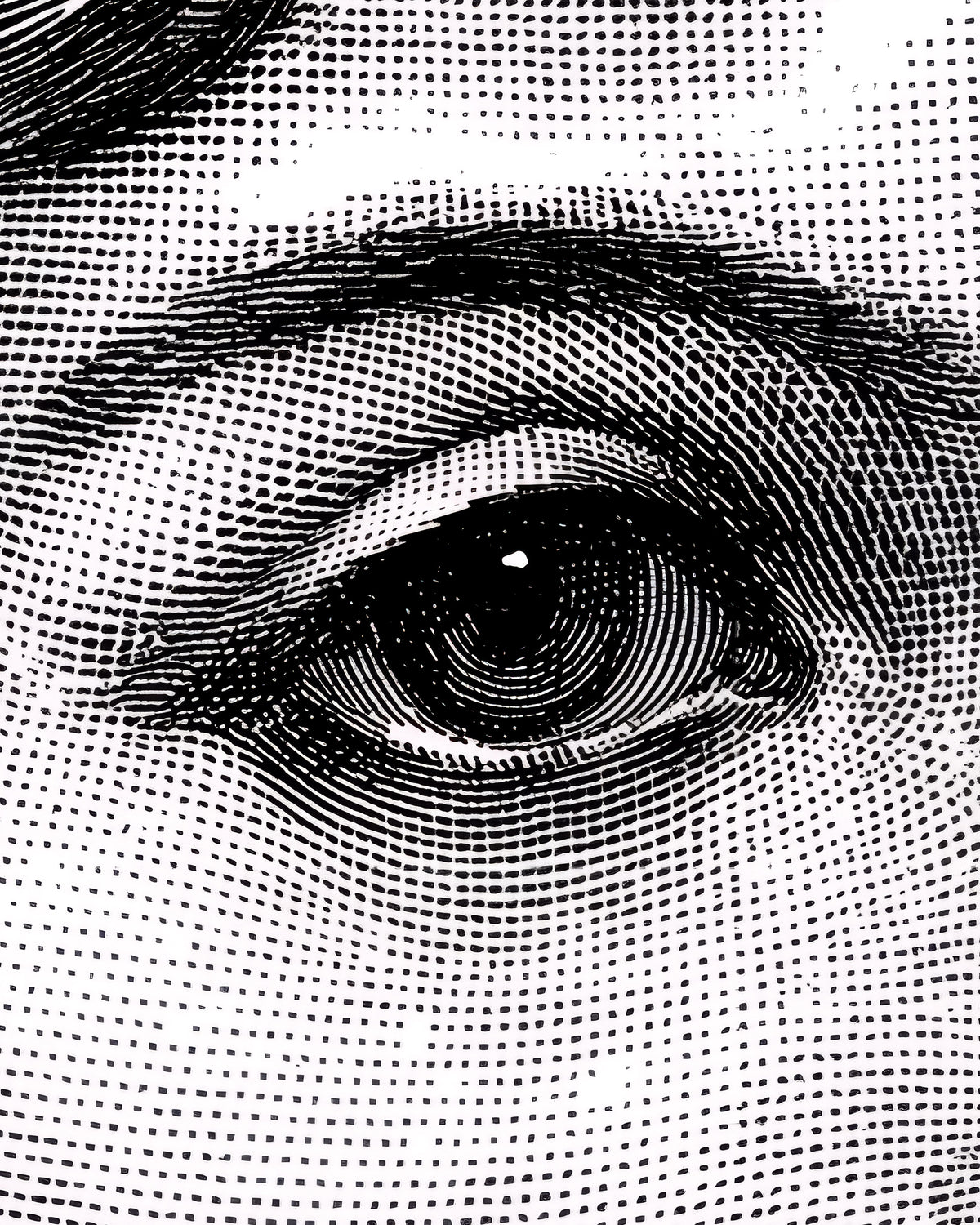 Zwart-witte gestippelde close-up van een menselijk oog met wenkbrauw en de huidstructuur eromheen.