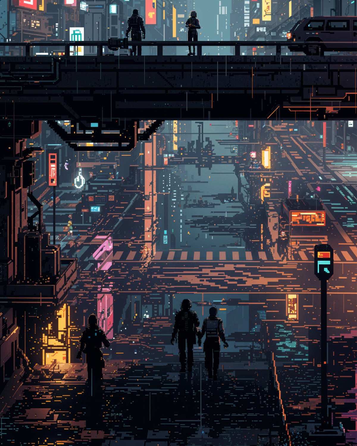 Een futuristische cyberpunkstad met silhouetten van voetgangers die onder verhoogde loopbruggen lopen en lichtgevende neonborden in blauwe, roze, oranje en gele tinten.