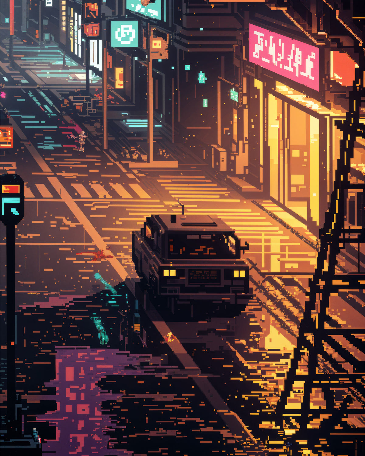 Een gestileerde, door neon verlichte straat in een stad bij nacht, met een donker voertuig op een natte weg, lichtgevende etalageborden en gepixelde digitale kunst in oranje, paarse, blauwe en gele tinten.