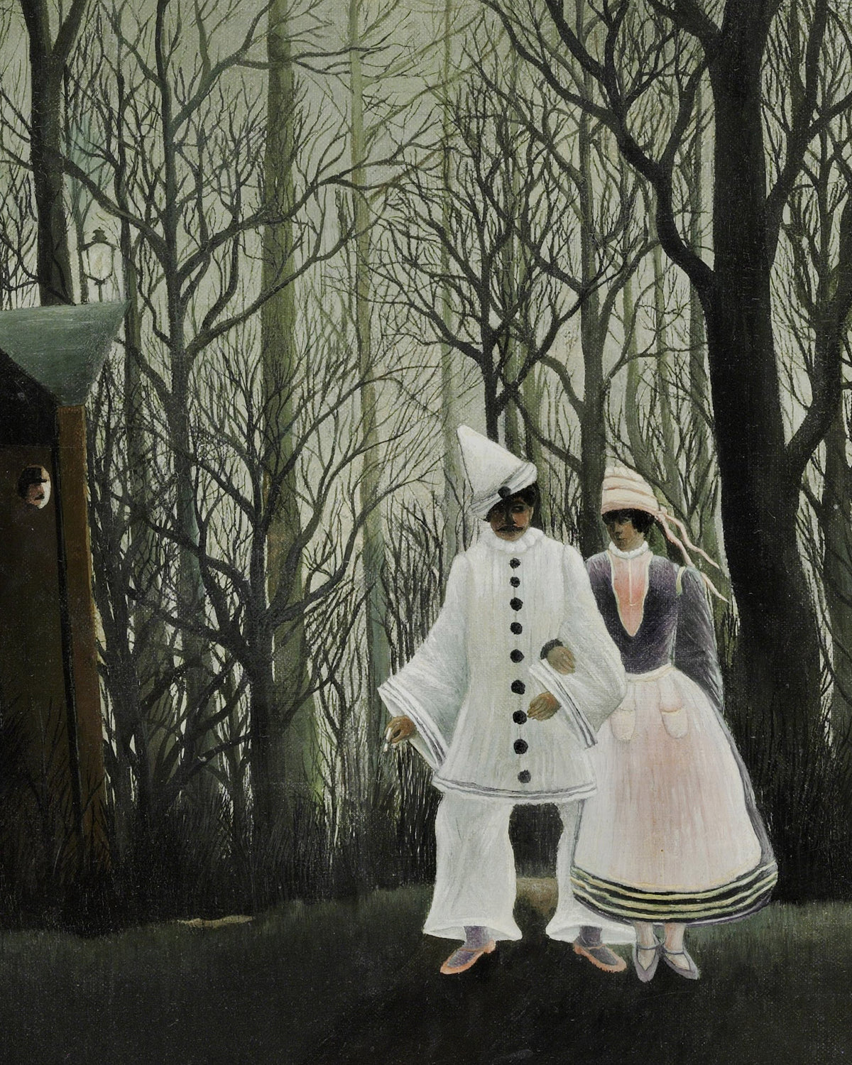 Surrealistisch schilderij van twee figuren in een donker, bladerloos bos. De ene figuur draagt een wit pak met knopen aan de voorkant en een puntige witte hoed, de andere een lichtroze en grijze jurk.