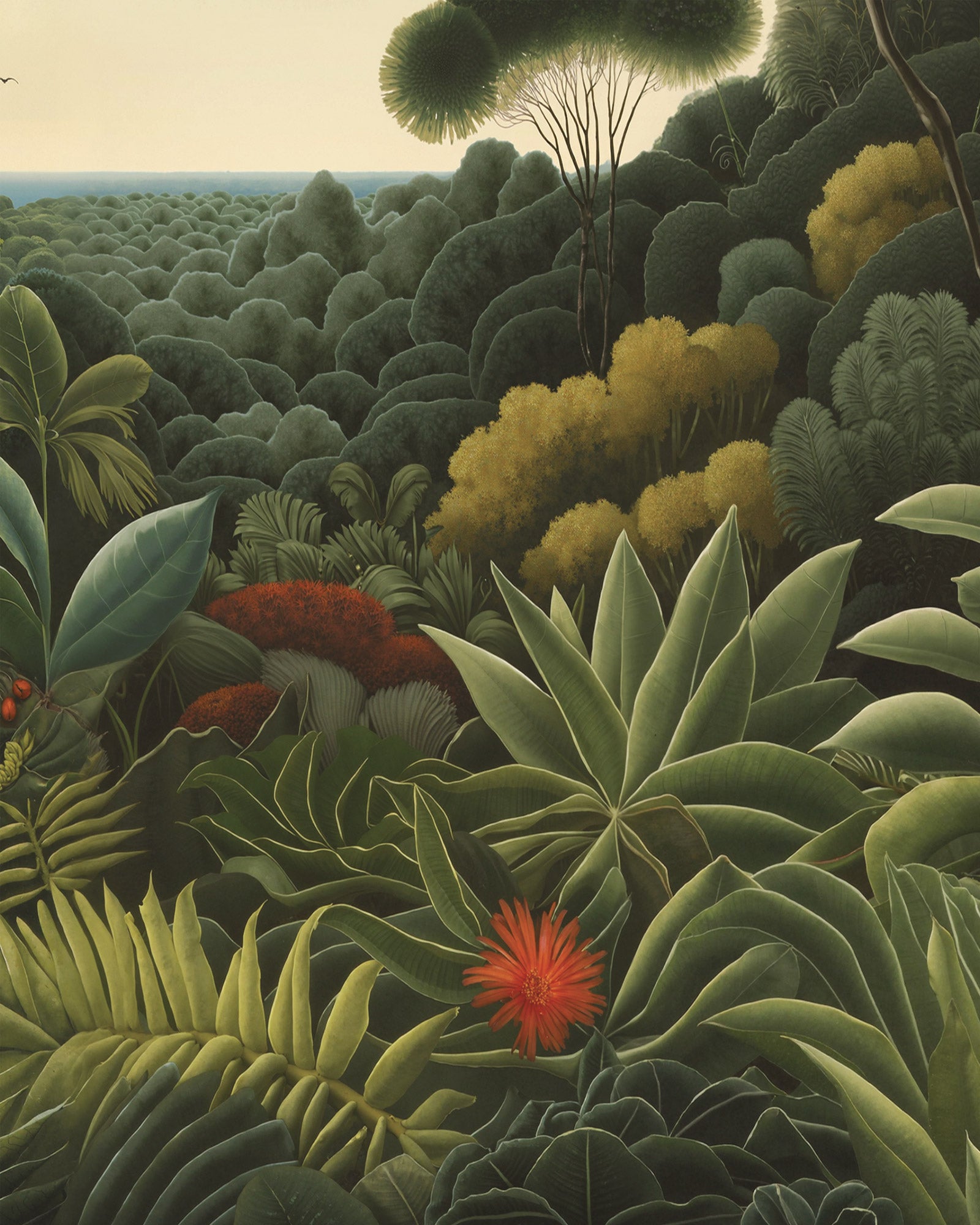 Vibrant tropical forest scene with a red flower in the foreground