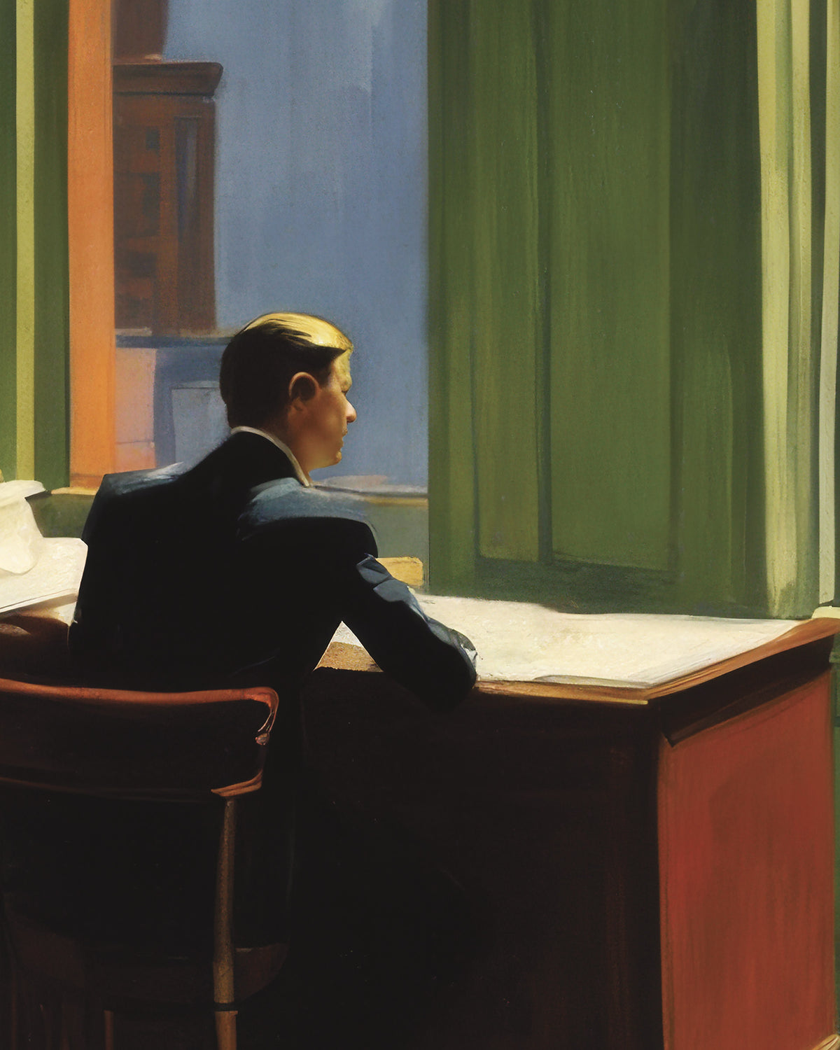 A painting of a man in a dark suit sitting at a desk by a window with green curtains, looking out. The scene is rendered in warm brown, green, blue, and red tones.