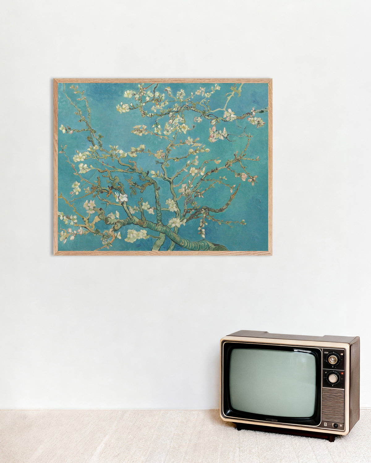 Poster van Amandelbloesem (1890) van Vincent van Gogh, met naturel houten lijst
