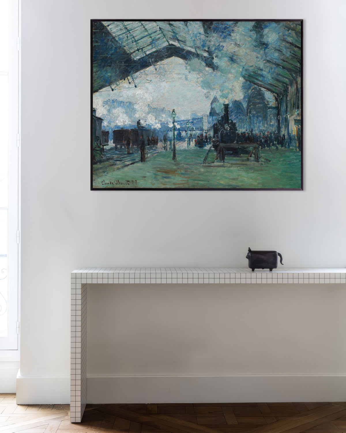 Poster Aankomst van de trein uit Normandië, Gare Saint-Lazare (1877) van Claude Monet met metalen lijst