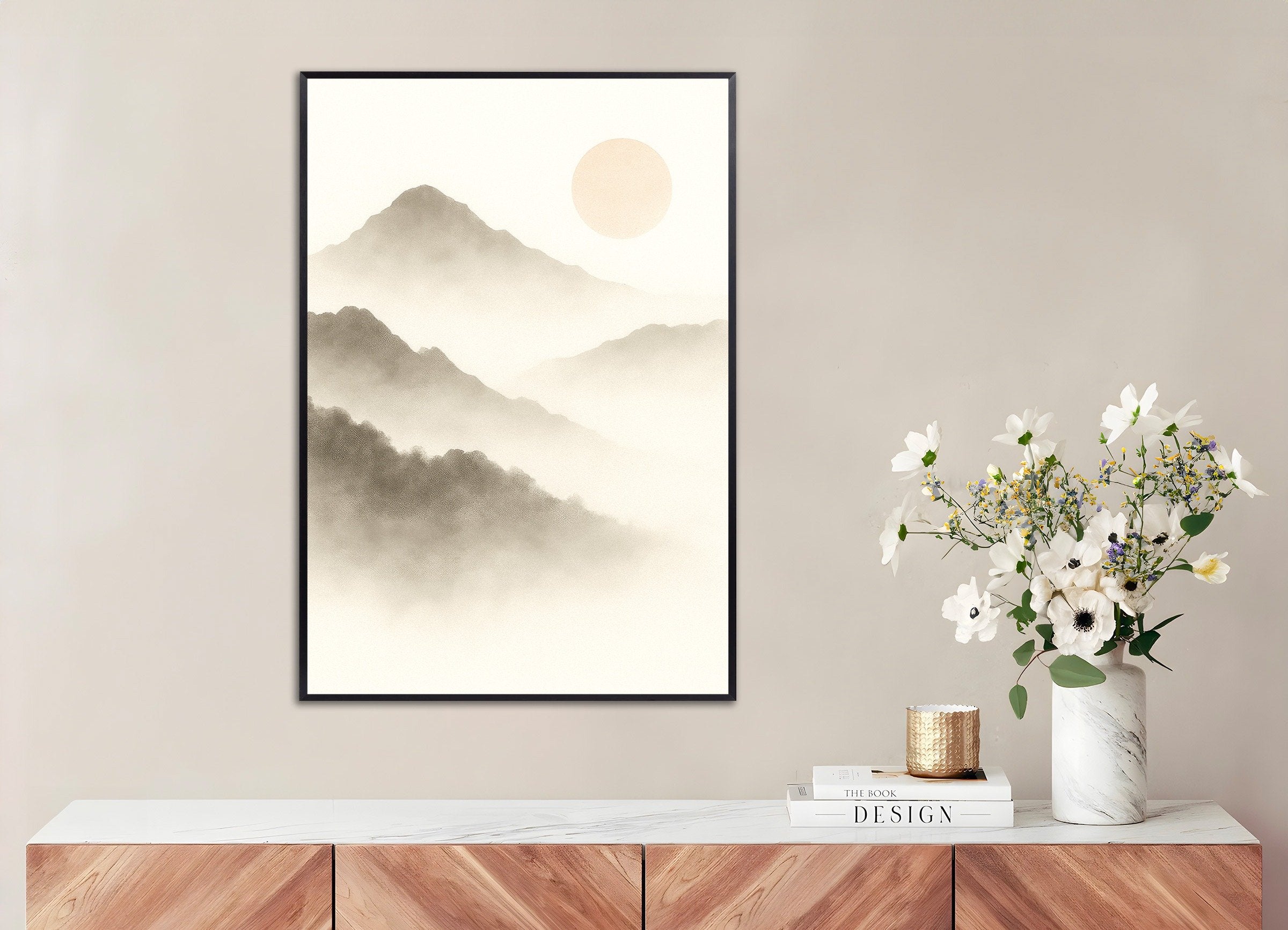 Poster of Beige mountain landscape art print, with metal frame