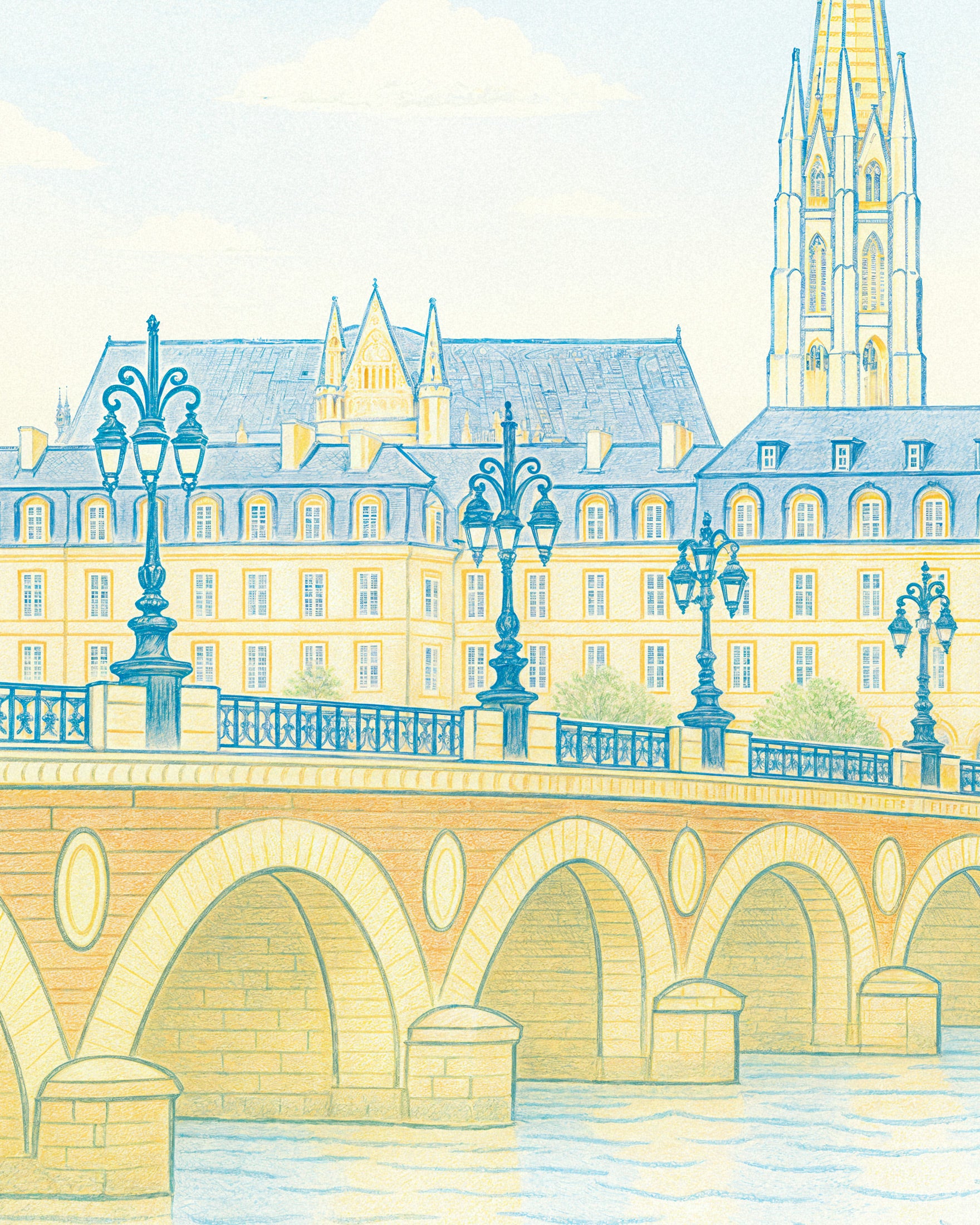 Bordeaux Poster – Handgetekende Stadsgezicht Kunstprint in Zachte Pasteltinten