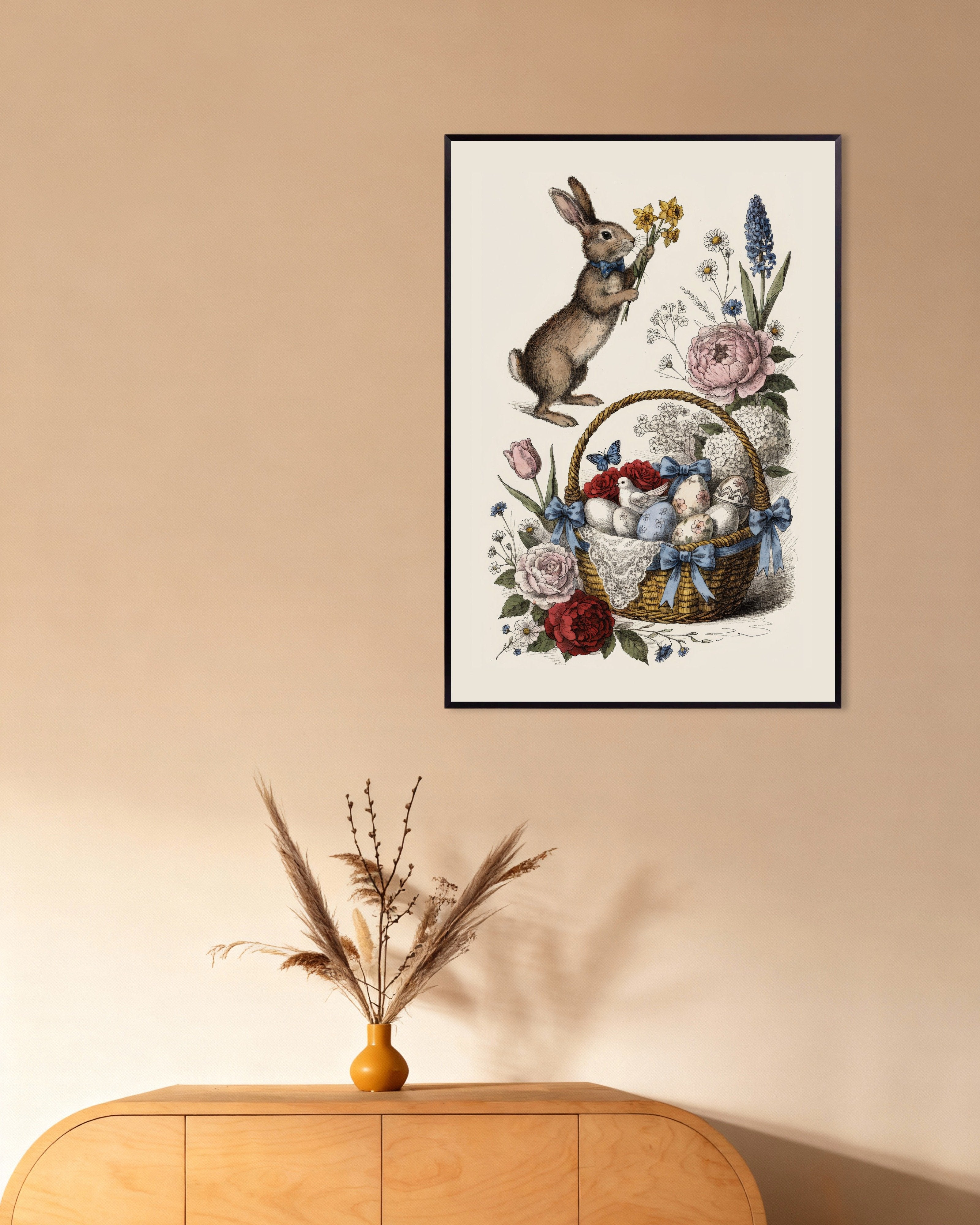 Poster of Bow-Tie Bunny with Easter Basket Art Print, with metal frame