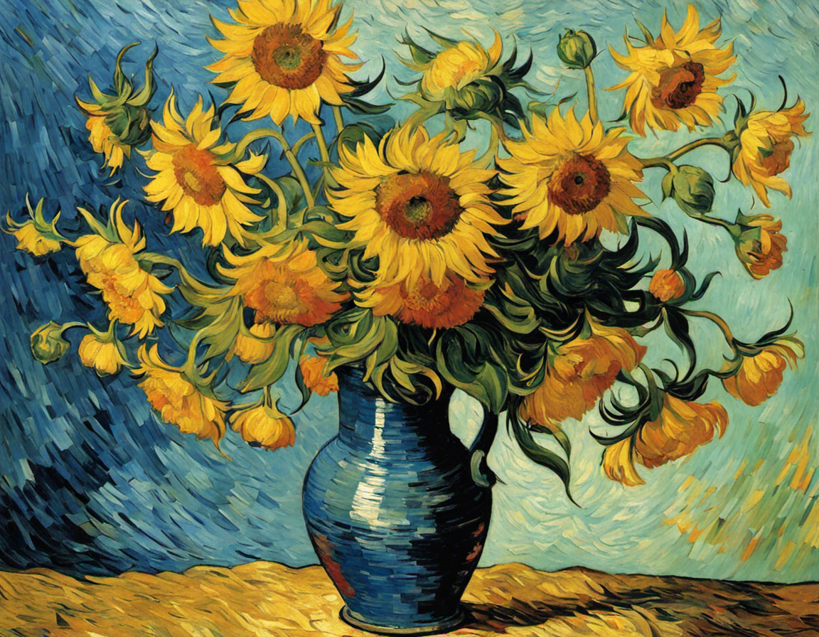 Schilderij dat de gepassioneerde turbulentie van de natuur en menselijke emotie vastlegt, zonnebloemen - Poster
