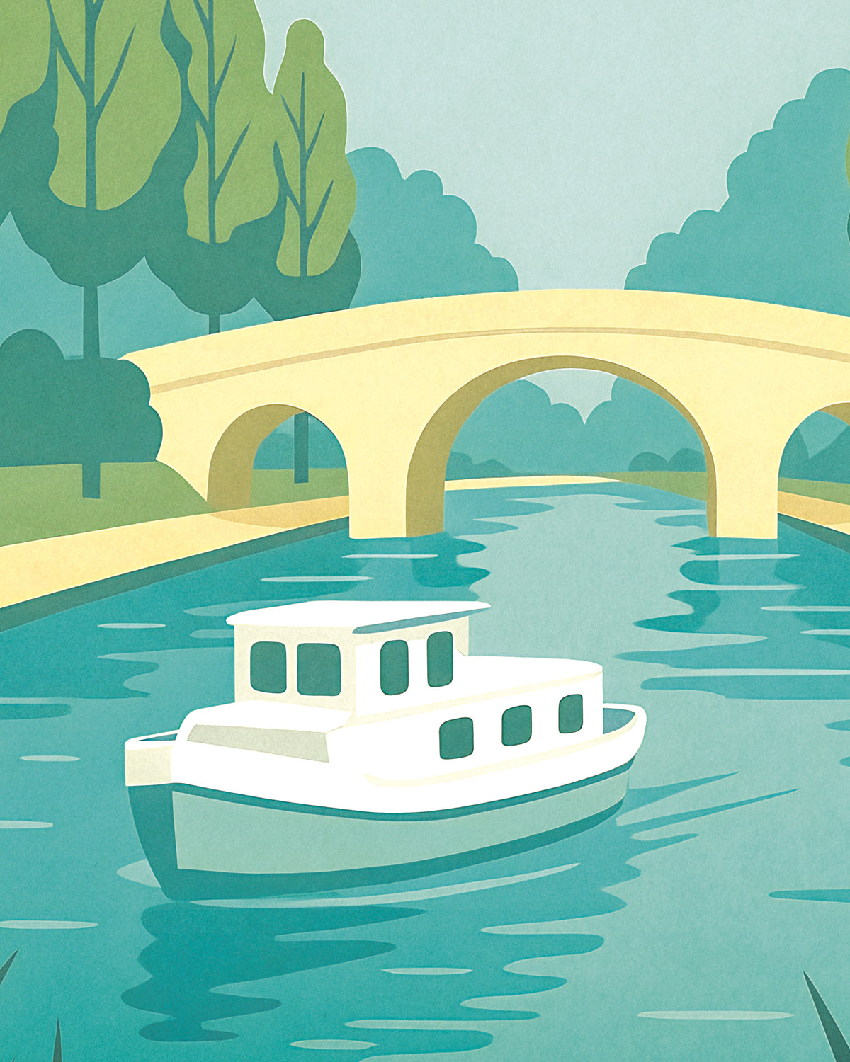 Gestileerde illustratie van een witte boot op tealblauw water onder een lichtgele brug, met groene bomen op de achtergrond.