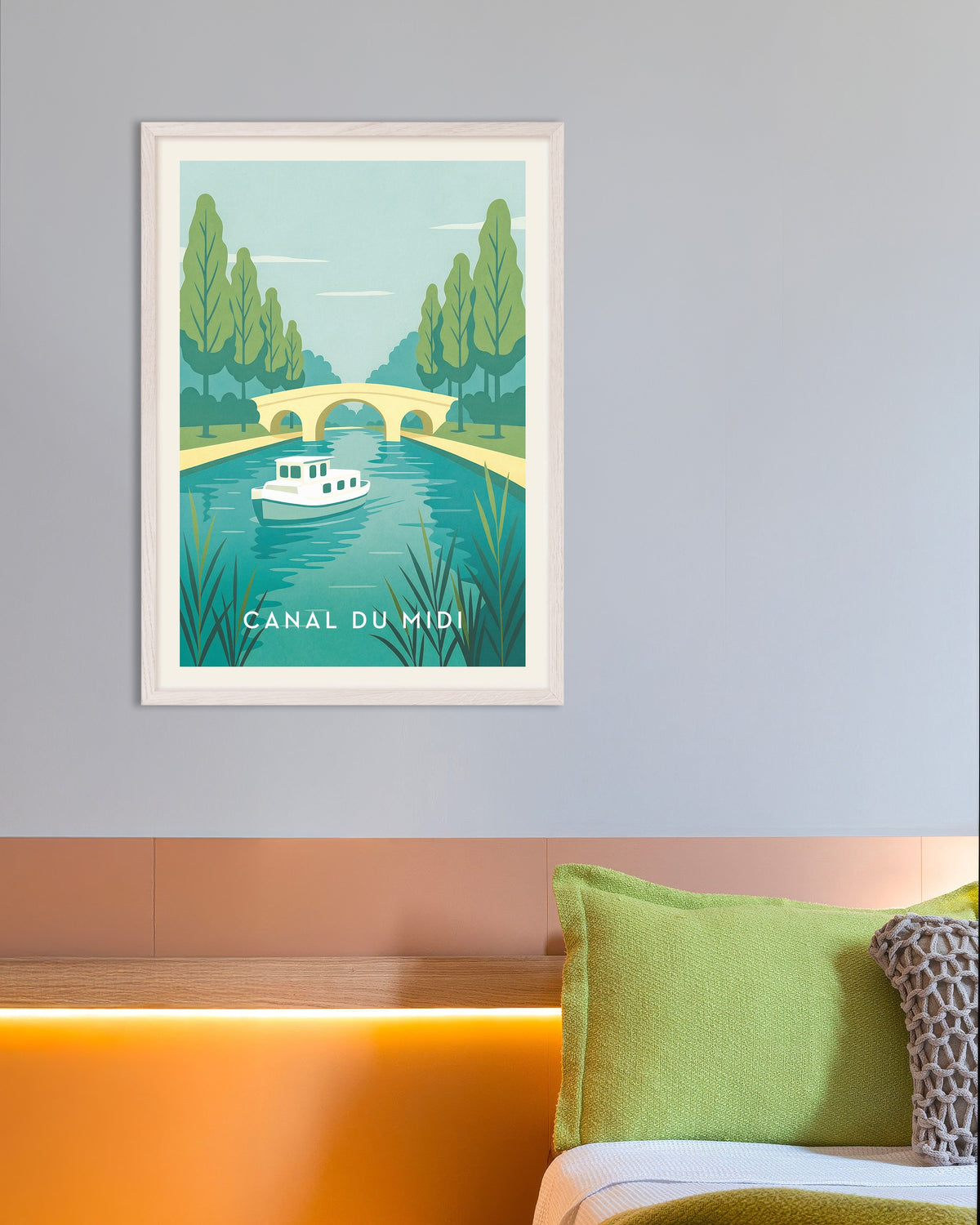 Poster van Reisposter Canal du Midi, Franse waterweg, met witte houten lijst