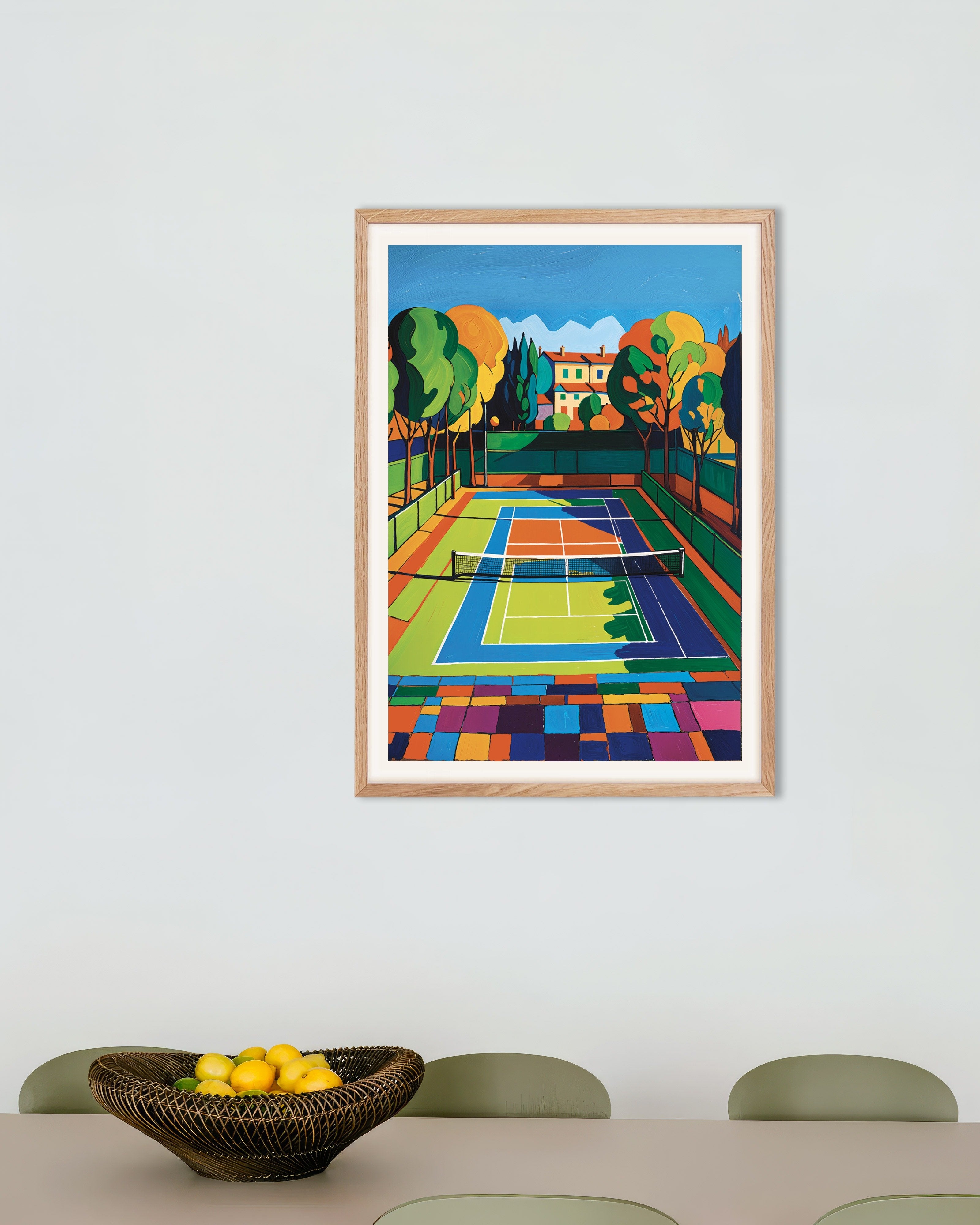 Poster of Colorful fauvist tennis court, with natural wooden frame