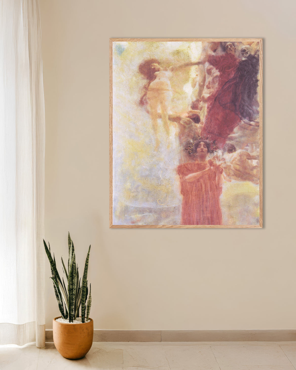 Poster Compositieschets voor De Geneeskunde (1897–1898) van Gustav Klimt met naturel houten lijst