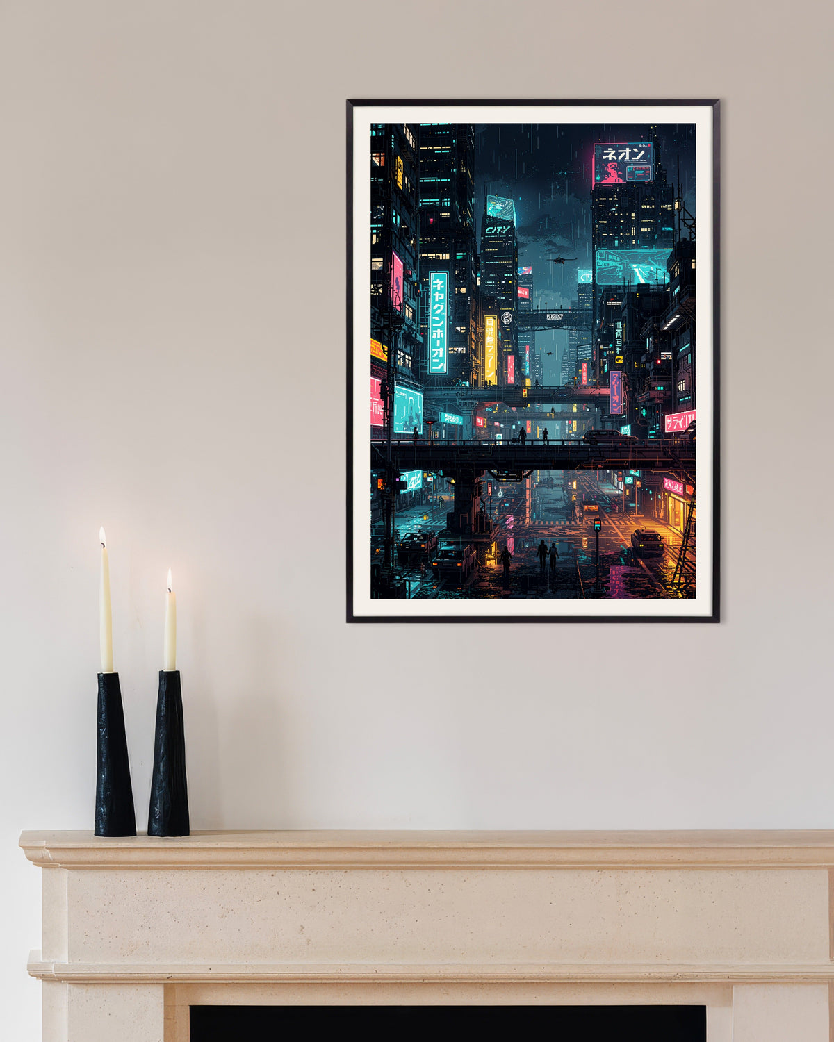 Poster van Cyberpunkstad in Japan in pixelart, met metalen lijst
