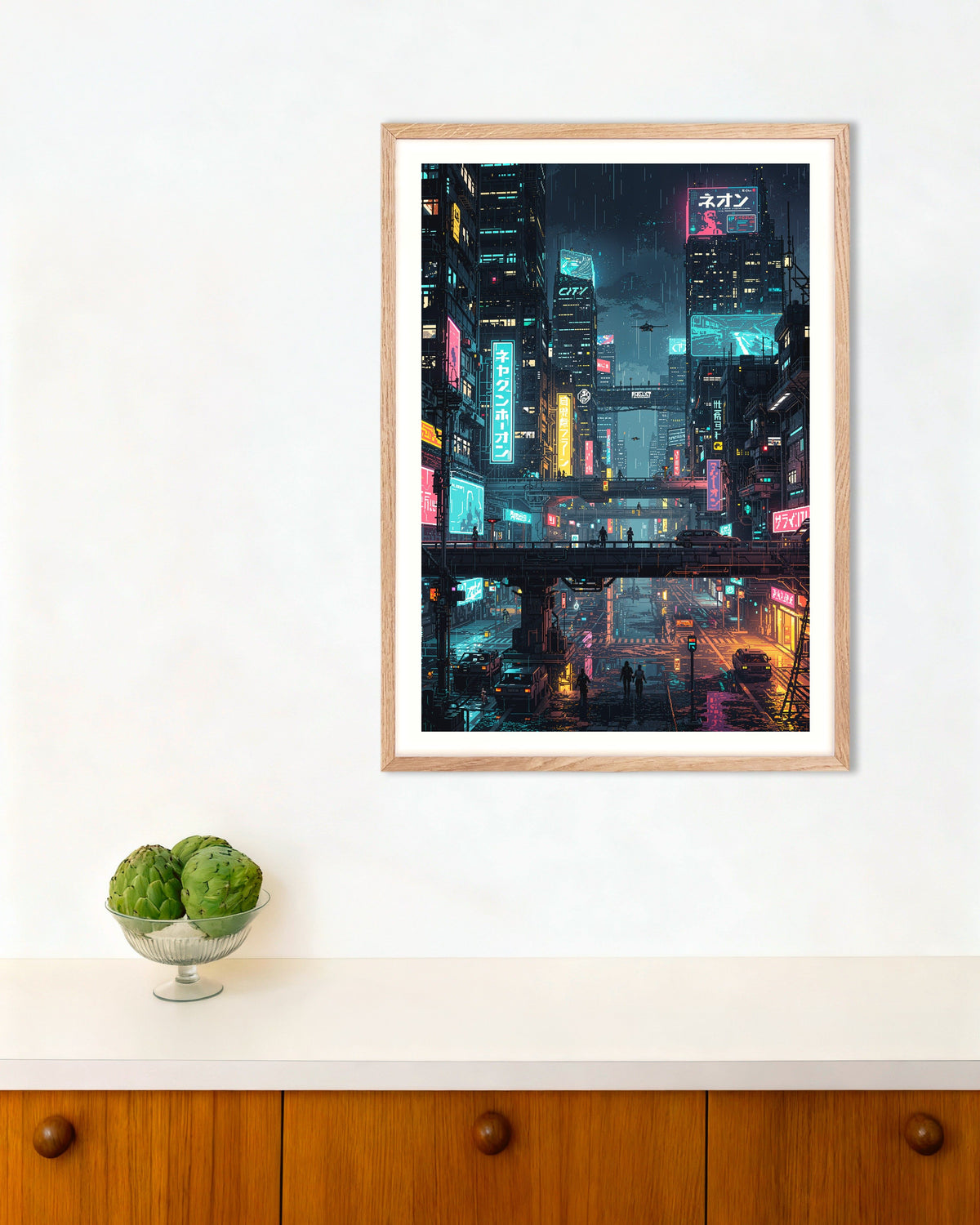 Poster van Cyberpunkstad in Japan in pixelart, met naturel houten lijst