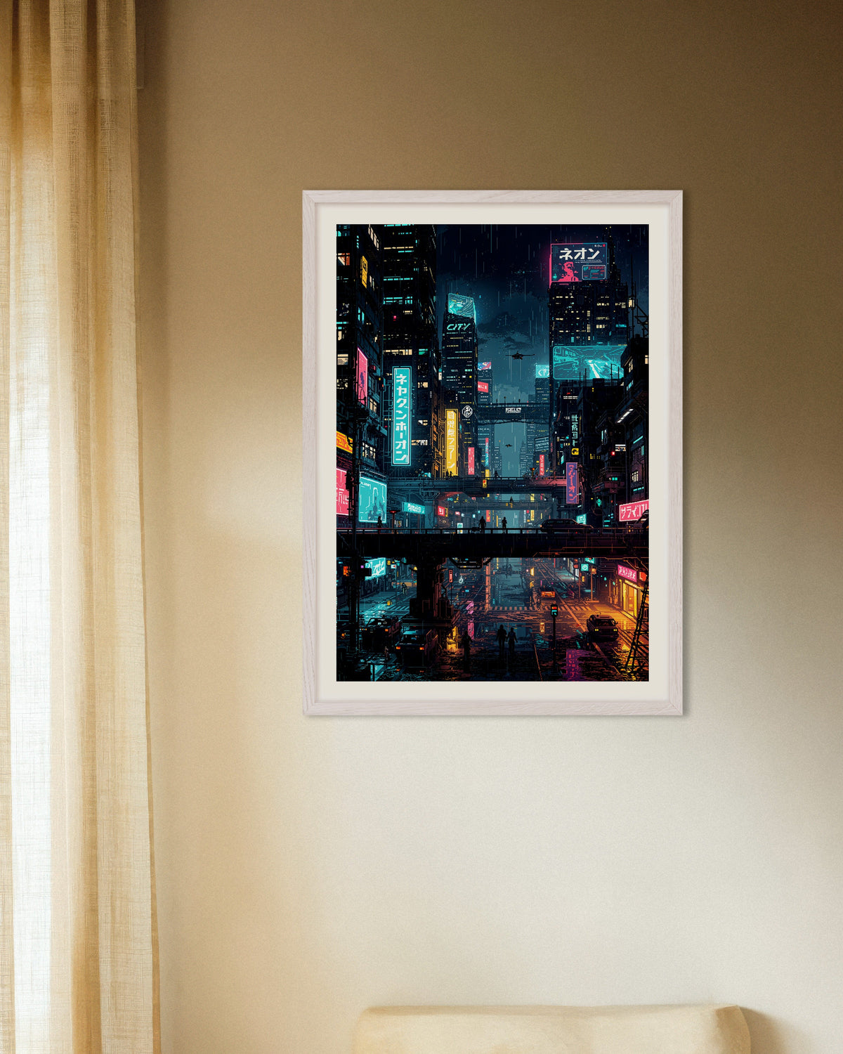 Poster van Cyberpunkstad in Japan in pixelart, met witte houten lijst