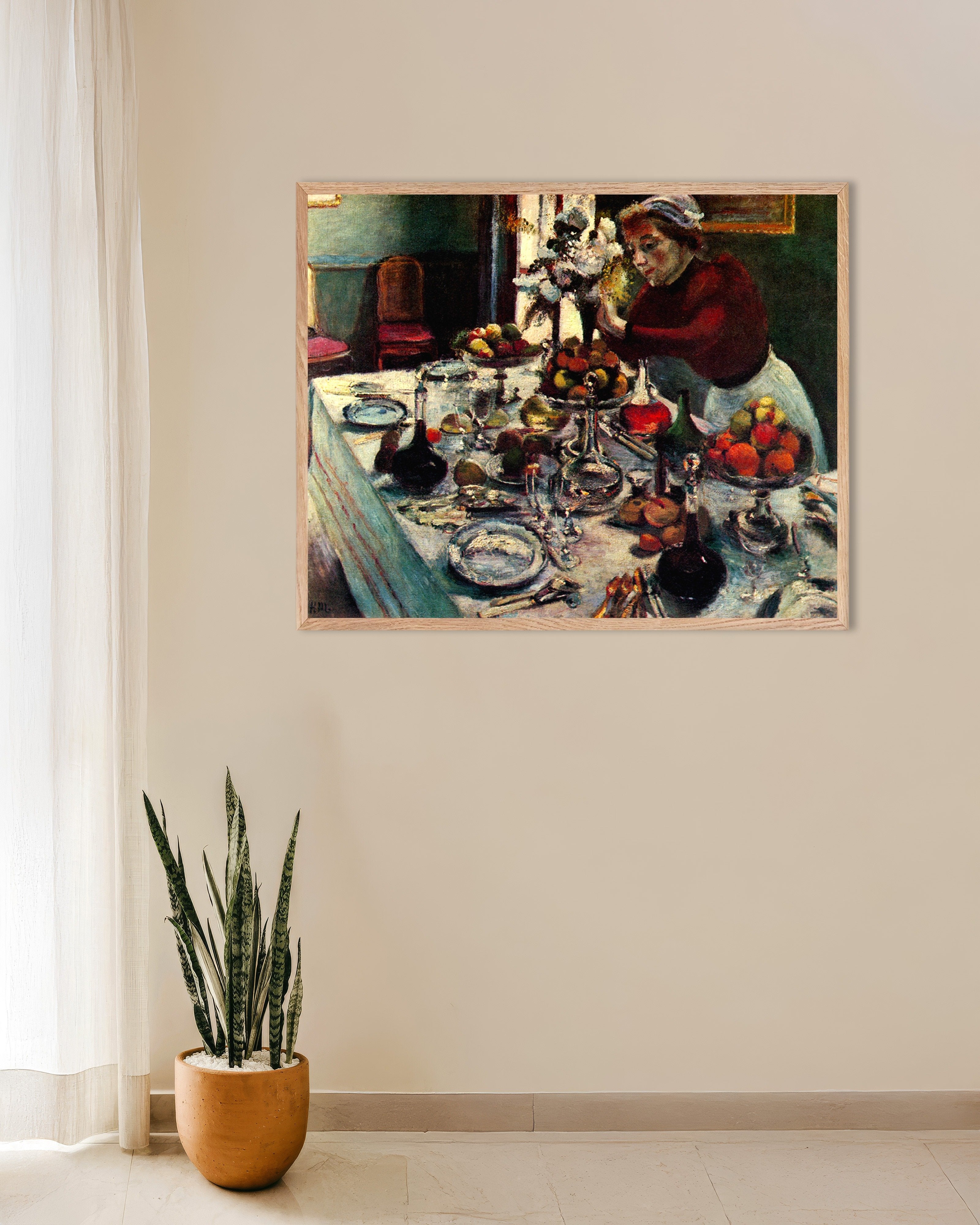 Poster of Dinner table (1897) by Henri Matisse, with natural wooden frame