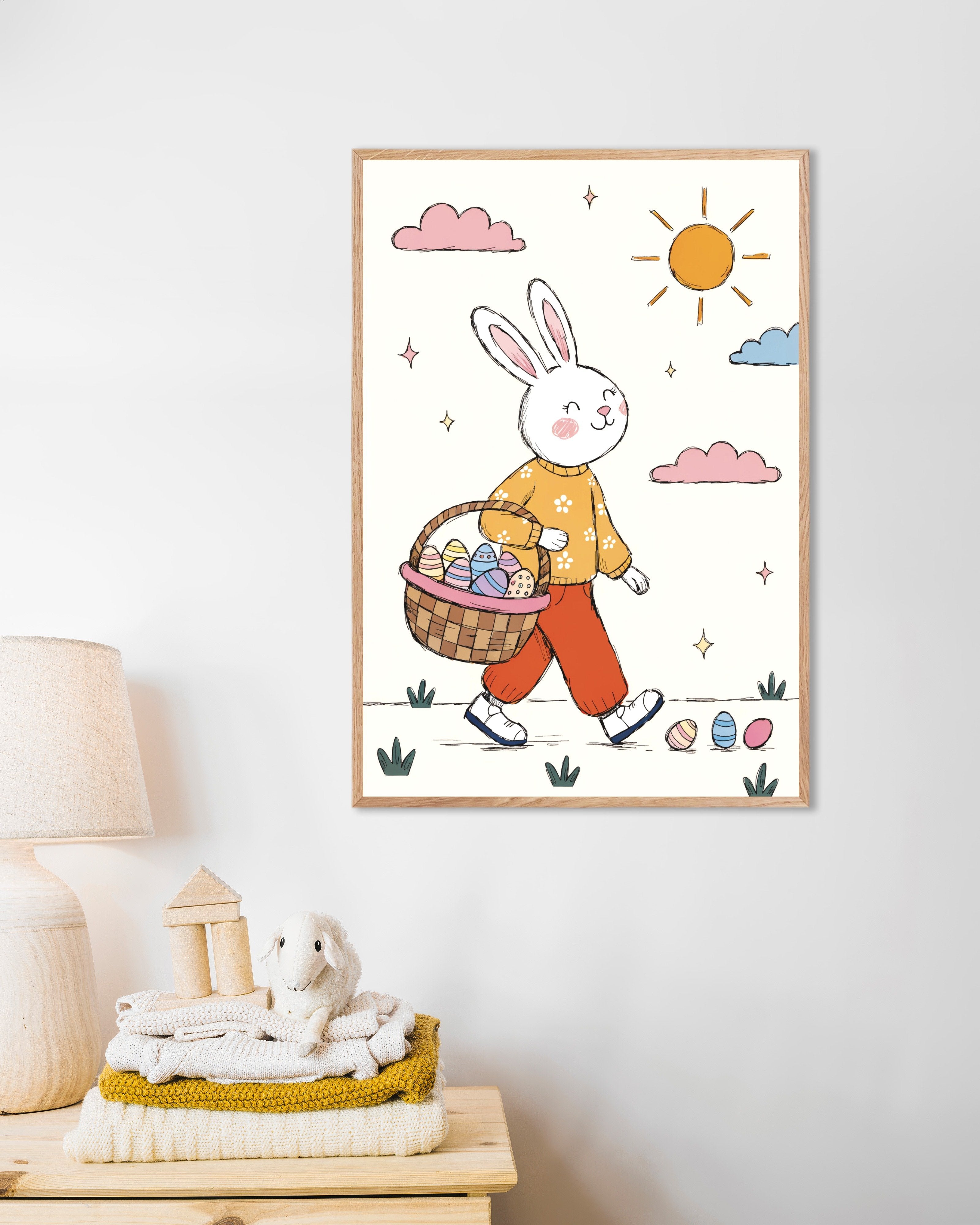Poster of Easter Bunny Stroll Poster, with natural wooden frame