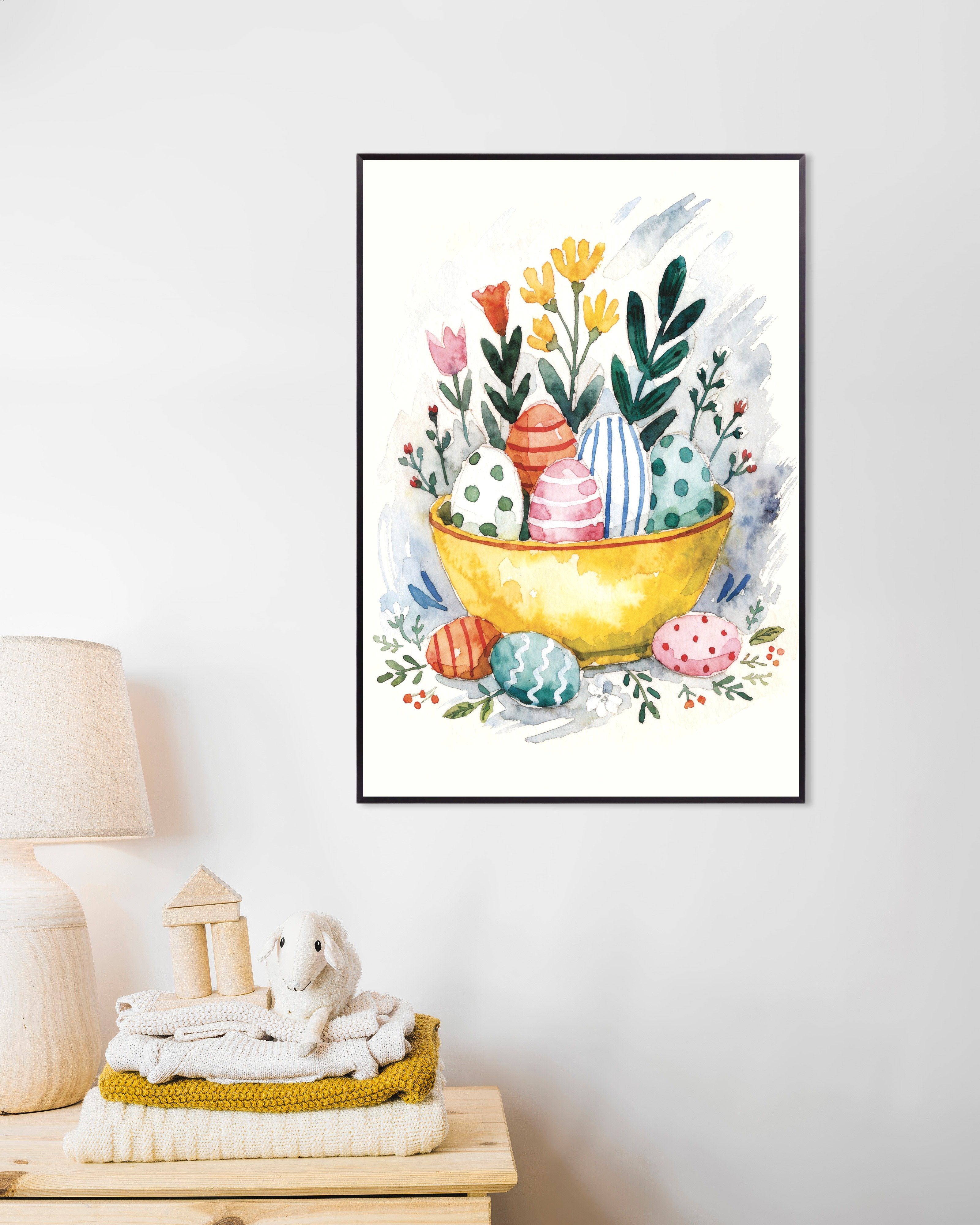 Poster of Easter Eggs in Yellow Bowl Watercolor Poster, with metal frame