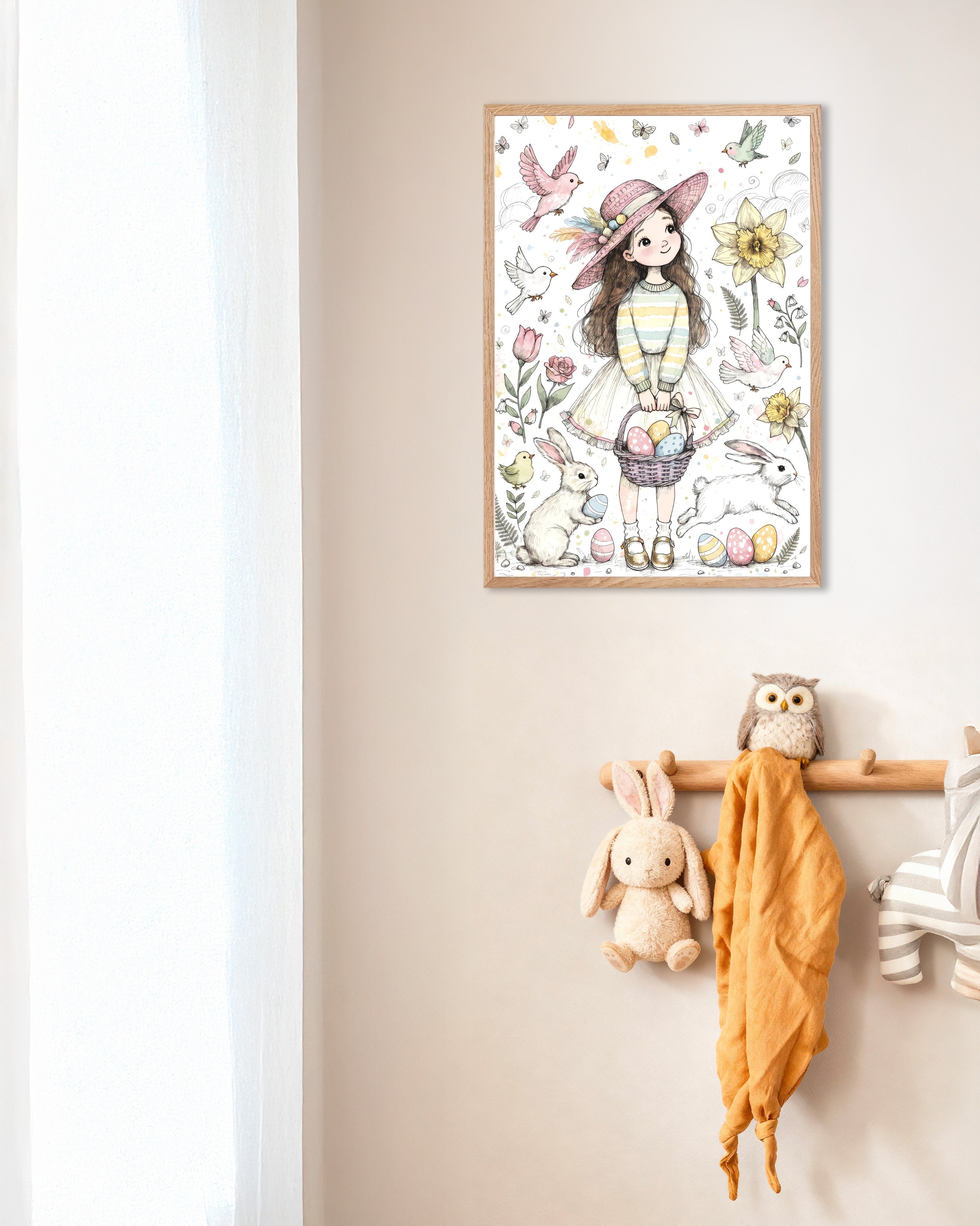 Poster of Easter Girl, Bunnies and Eggs - Pastel Spring Poster, with natural wooden frame