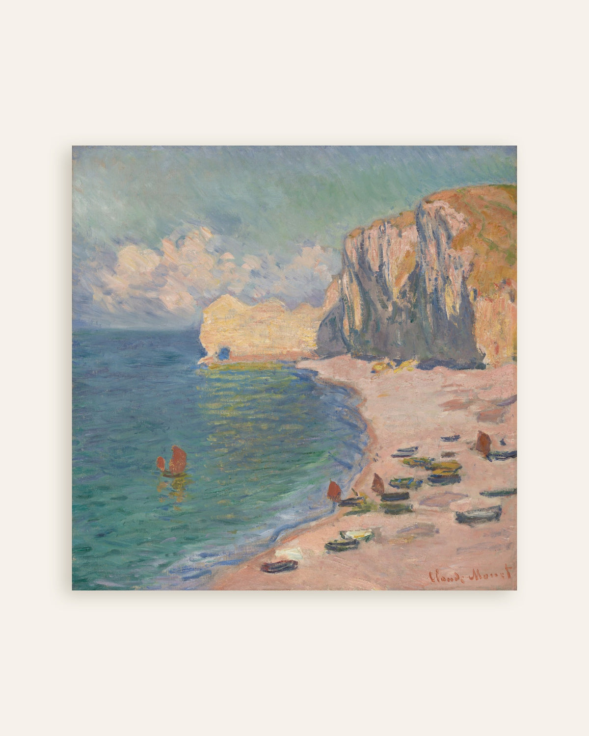 Poster Étretat, het strand en de Falaise d'Amont (1885) van Claude Monet, miniatuur