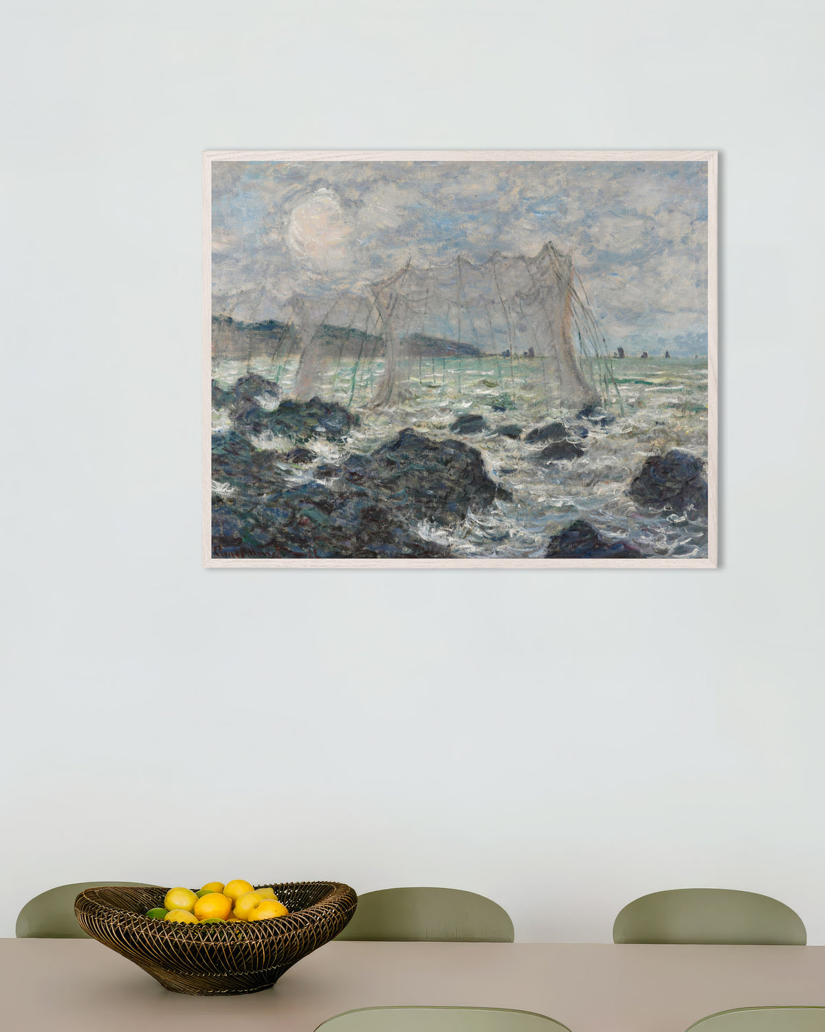 Poster Visnetten bij Pourville (1882) van Claude Monet met witte houten lijst