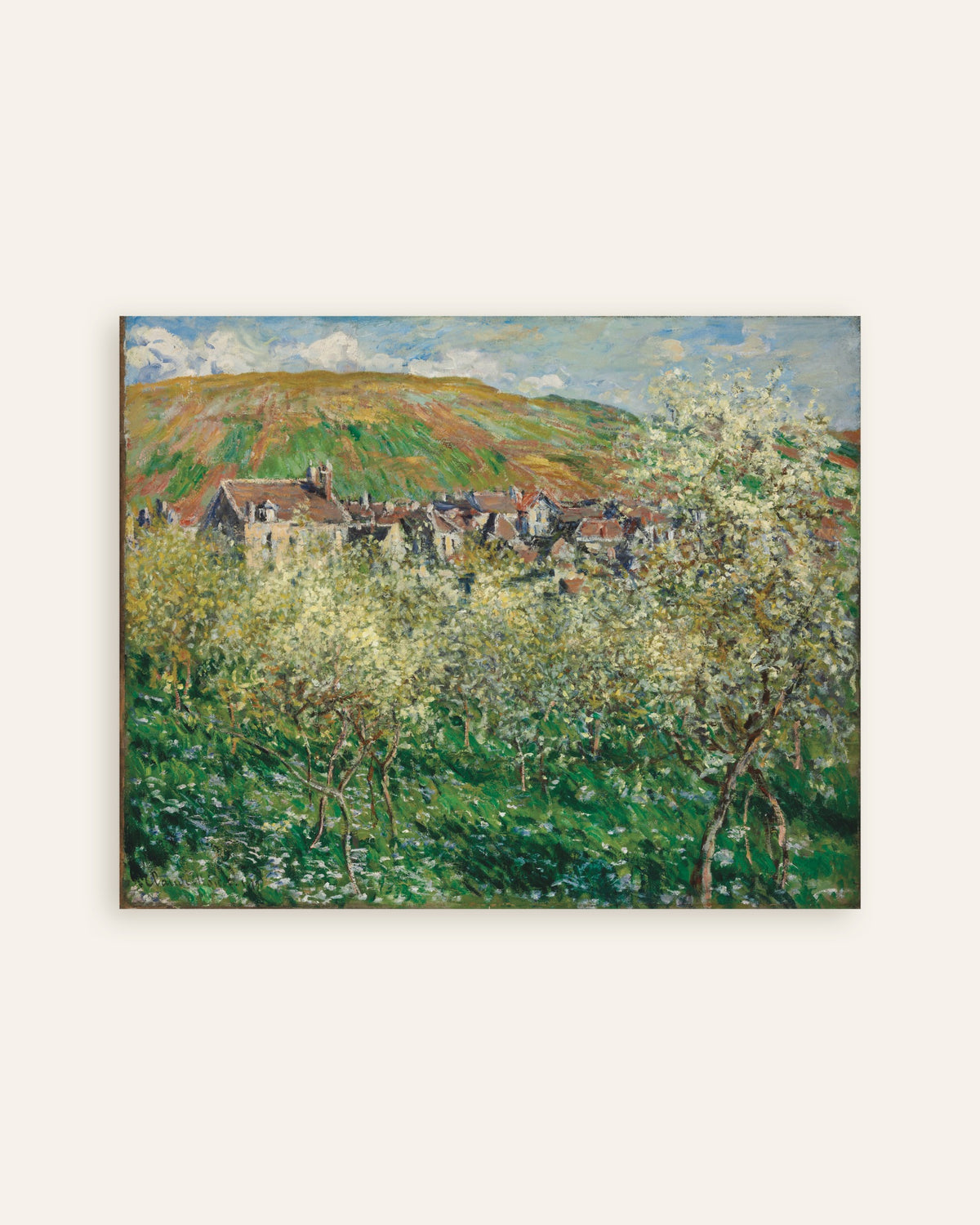 Poster Bloeiende pruimenbomen (1879) van Claude Monet, miniatuur