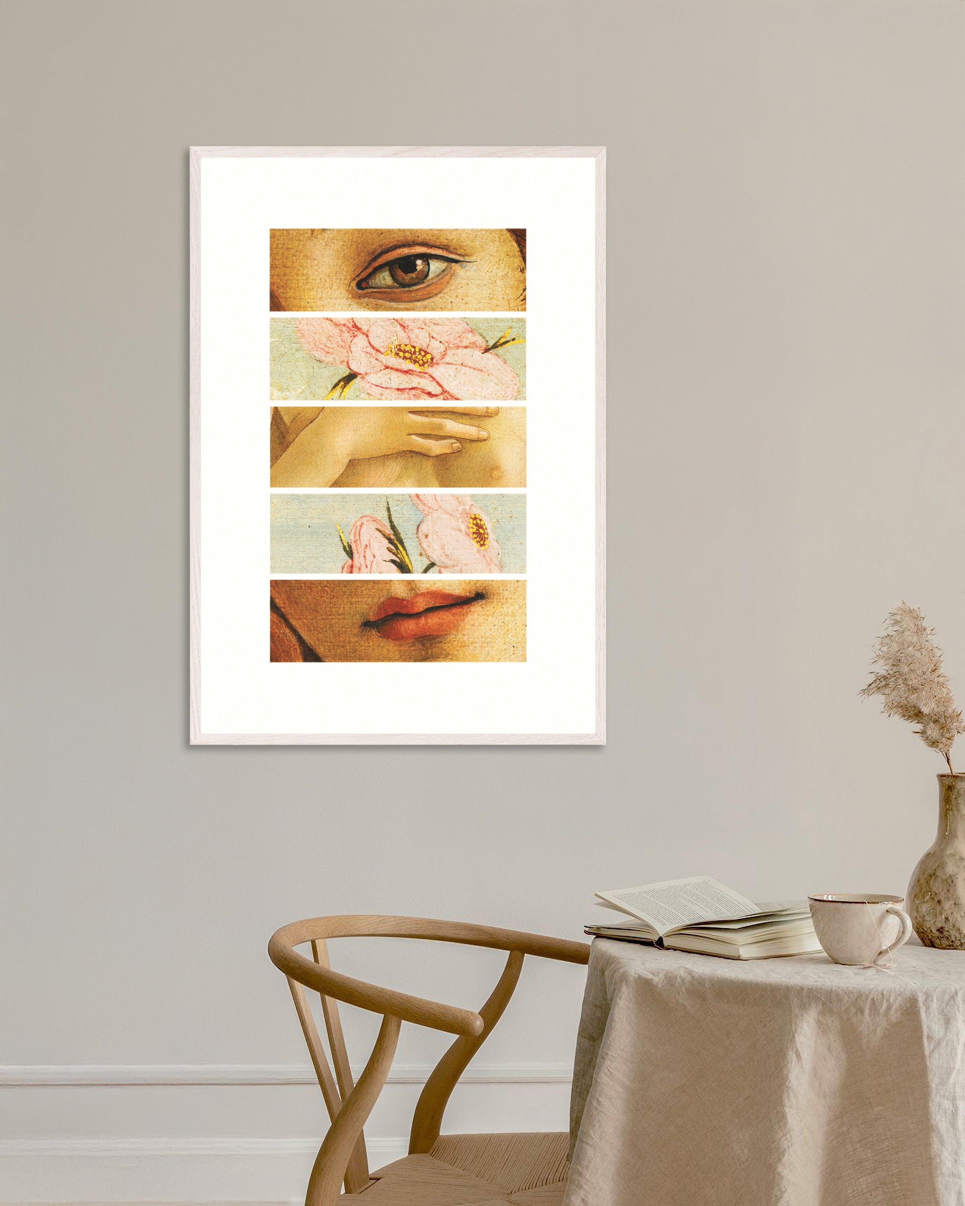 Poster of Fragments of Botticelli’s Venus art print, with white wooden frame