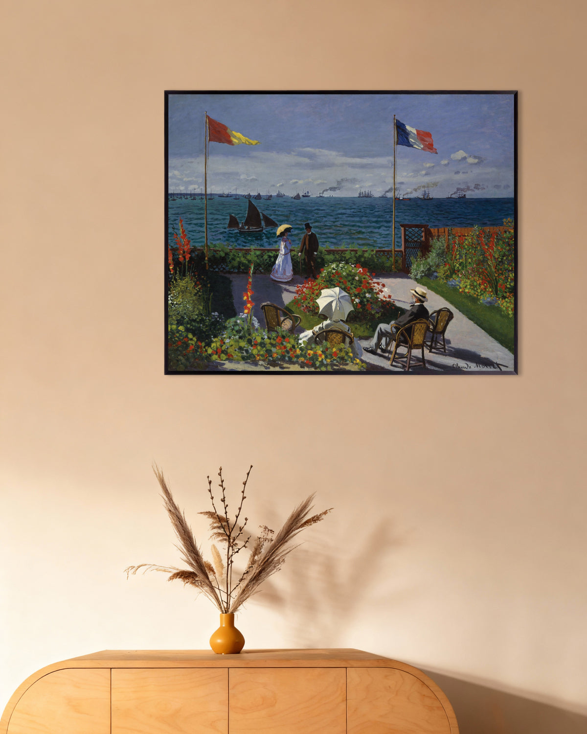 Poster Tuin in Sainte-Adresse (1867) van Claude Monet met metalen lijst