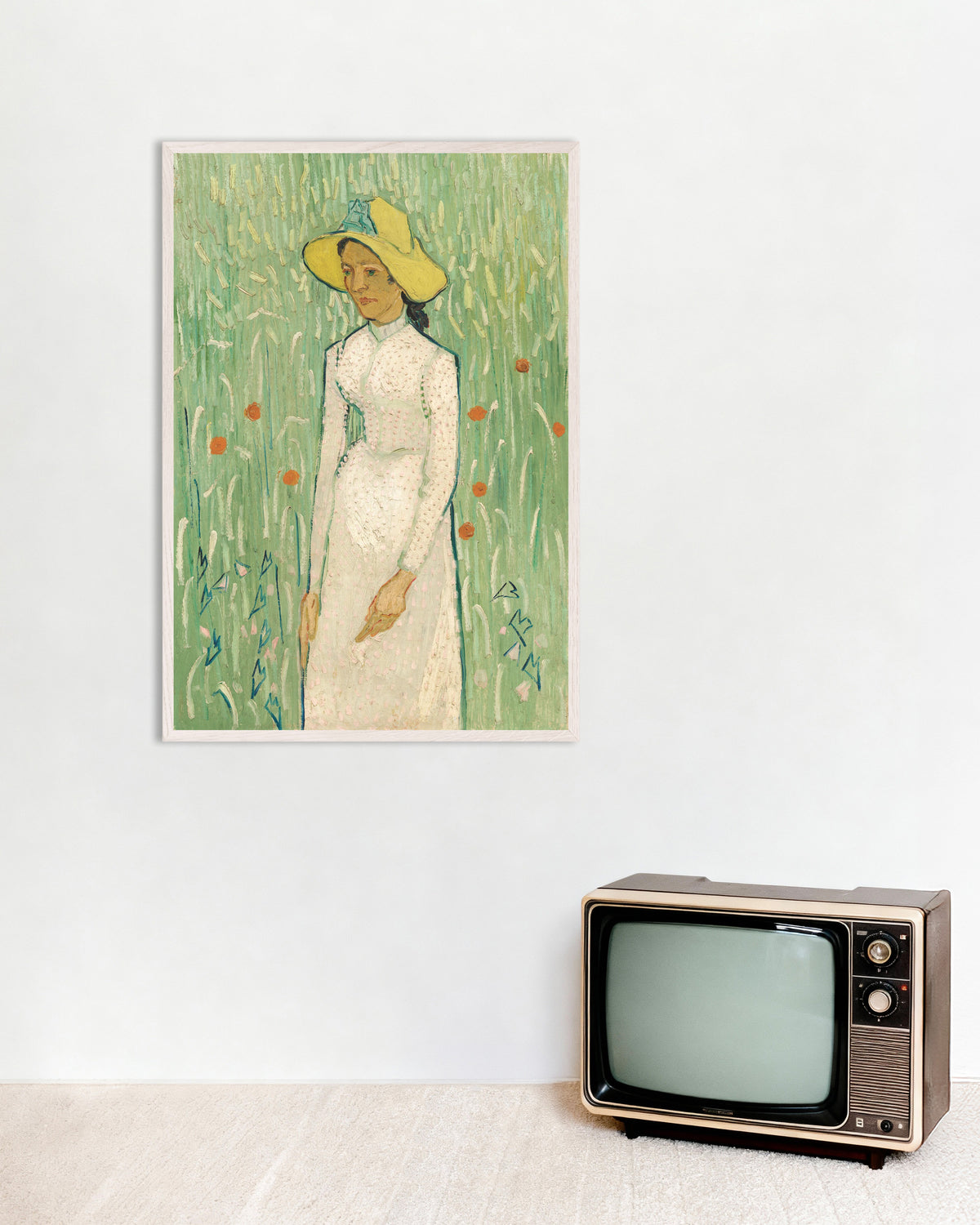 Poster van Meisje in het wit (1890) van Vincent van Gogh, met witte houten lijst