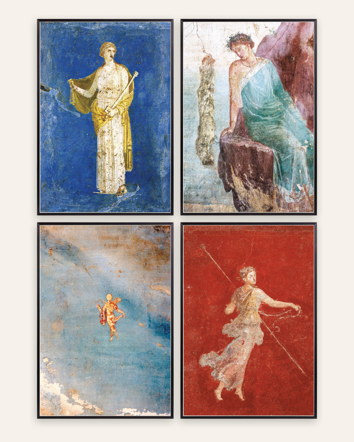 Romeinse fresco posters, set van 4: Medea, Icarus, Psyche en maenade, in zwarte metalen lijsten