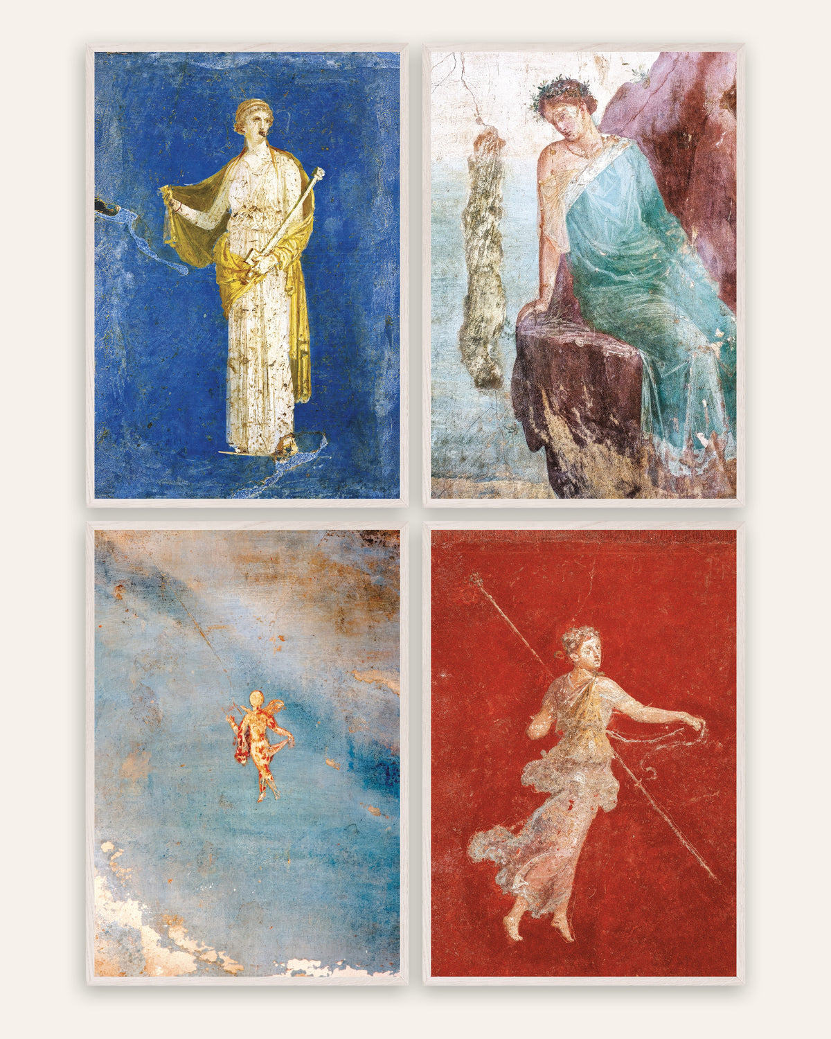 Romeinse fresco posters, set van 4: Medea, Icarus, Psyche en maenade, in witte eikenhouten lijsten