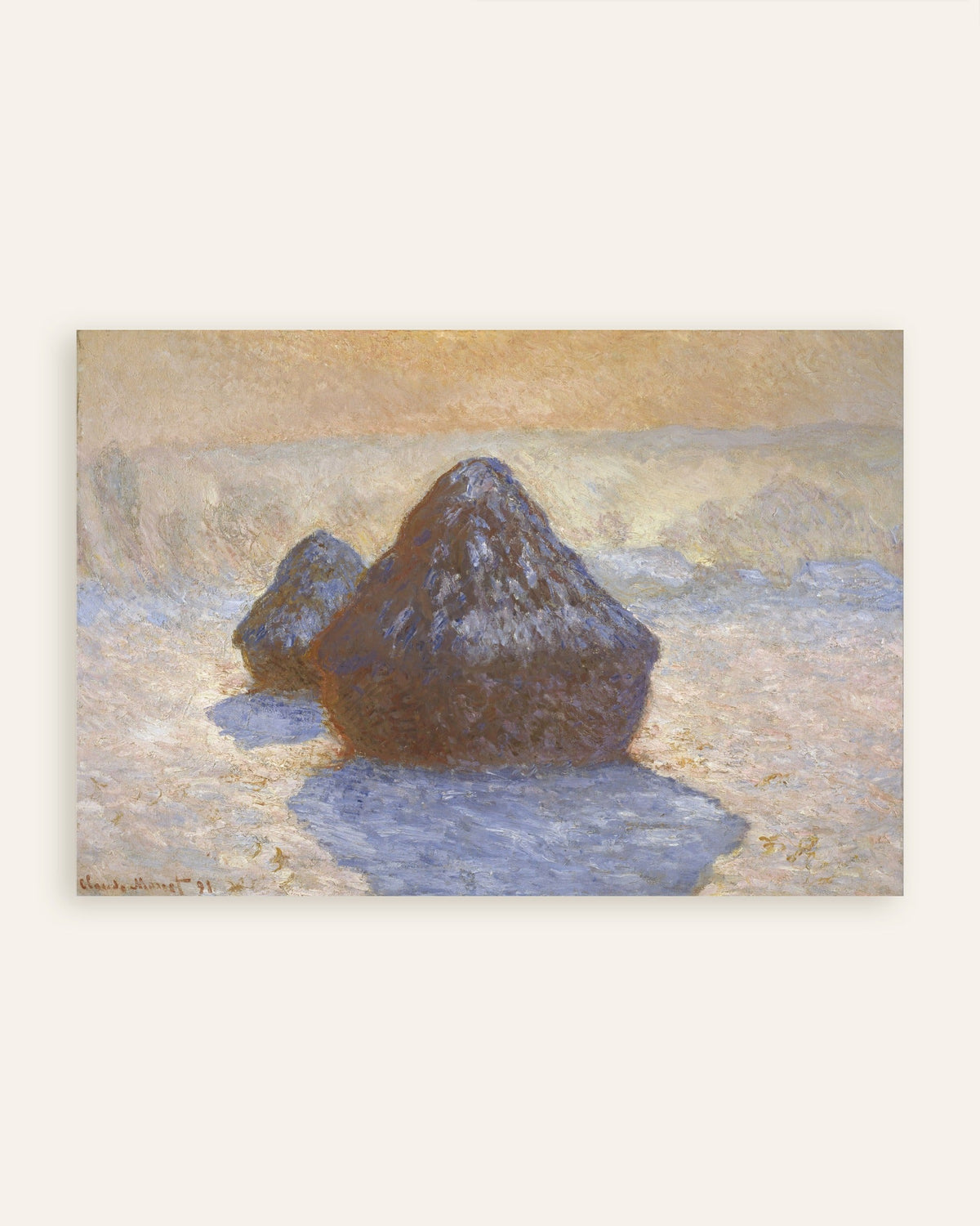 Poster Graanschelven, sneeuweffect (1891) van Claude Monet, miniatuur