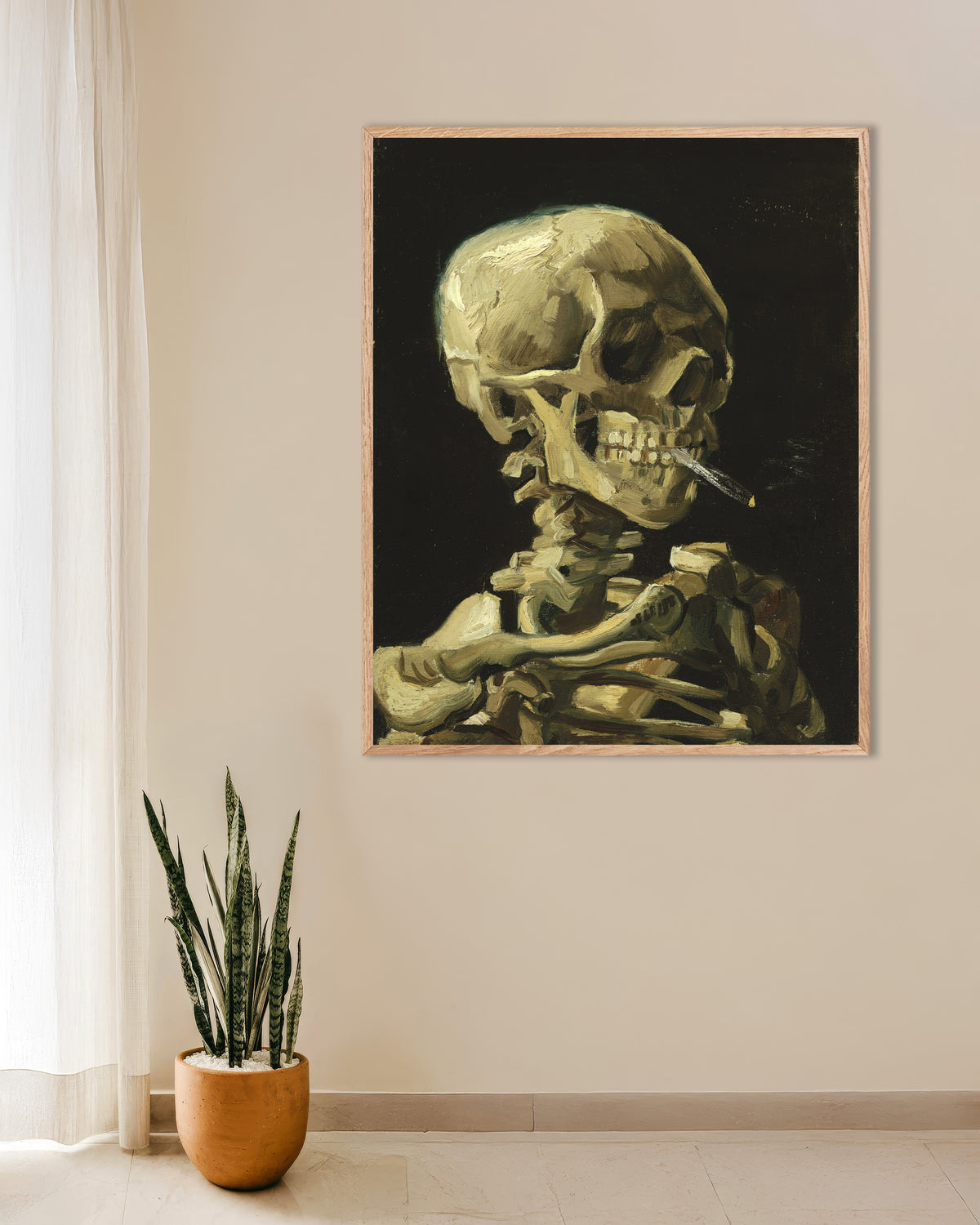 Poster van Kop van een skelet met brandende sigaret (1886) van Vincent van Gogh, met naturel houten lijst