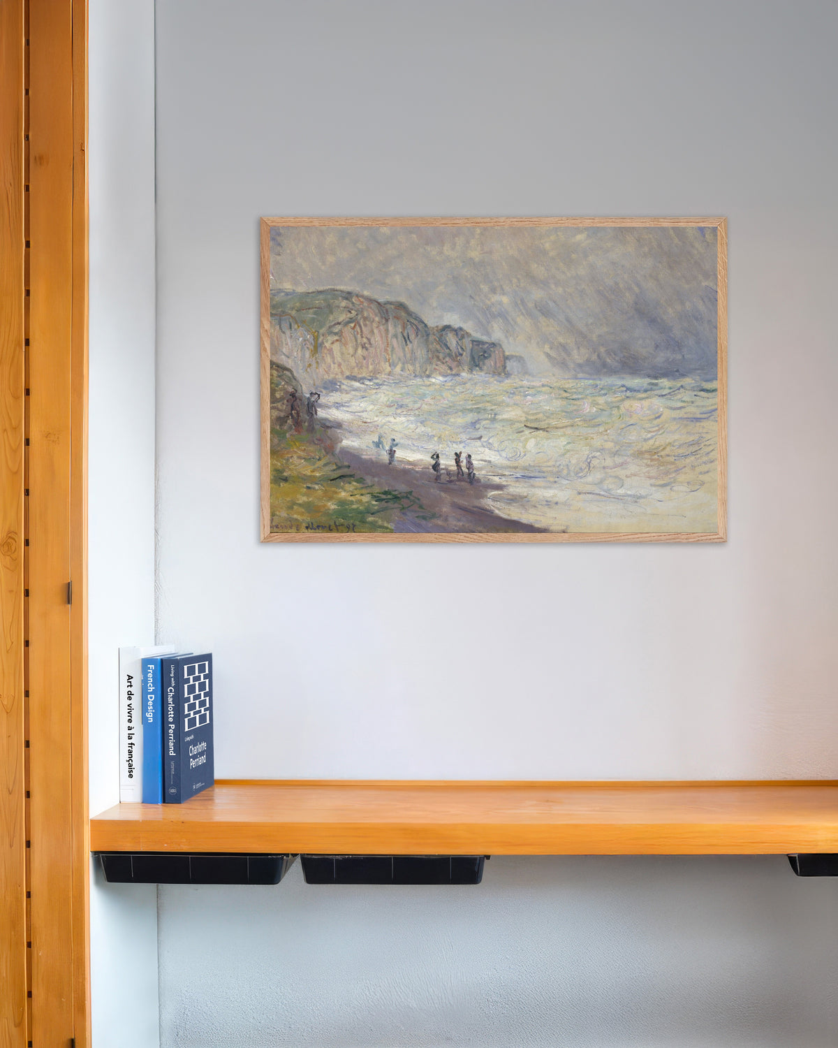 Poster Woeste zee bij Pourville (1897) van Claude Monet met naturel houten lijst