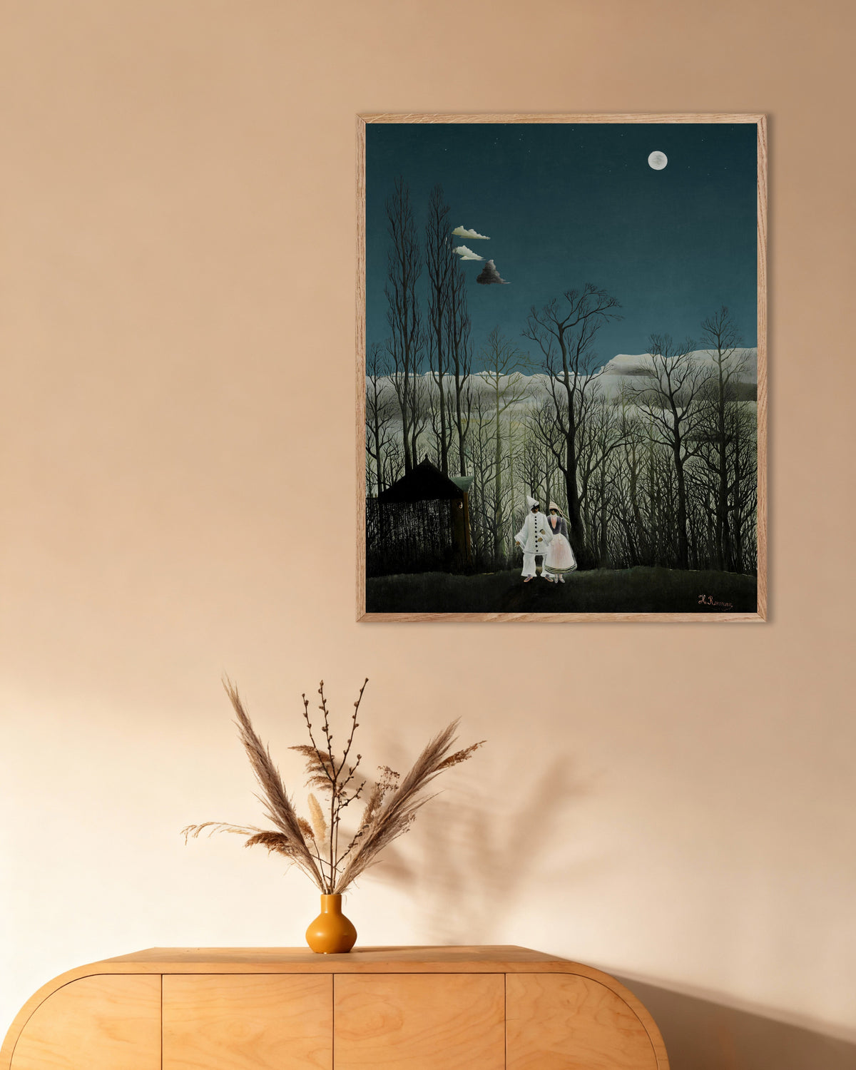 Poster van Henri Rousseau - Een carnavalsavond (detail), met naturel houten lijst