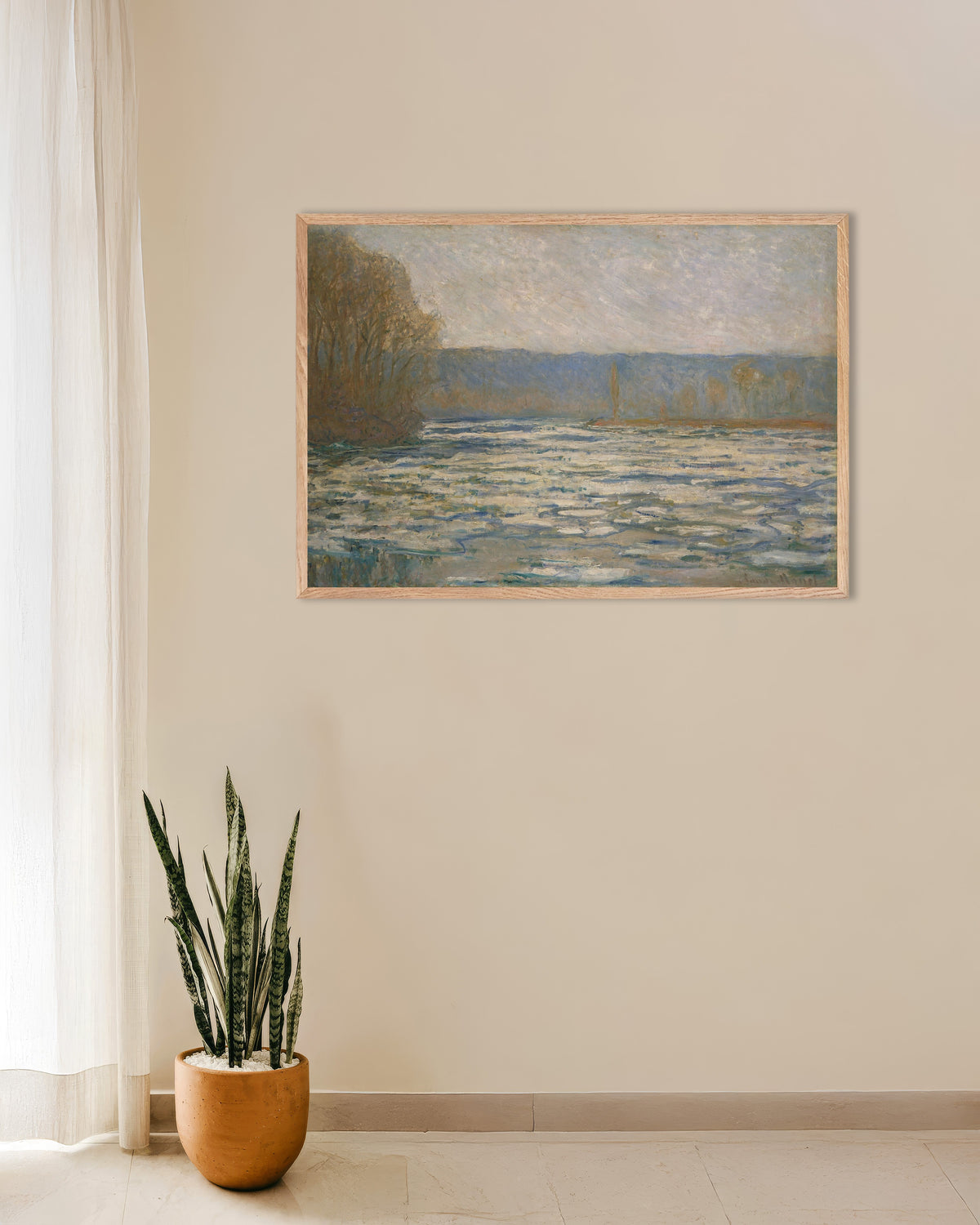 Poster Kruiend ijs op de Seine bij Bennecourt (1893) van Claude Monet met naturel houten lijst