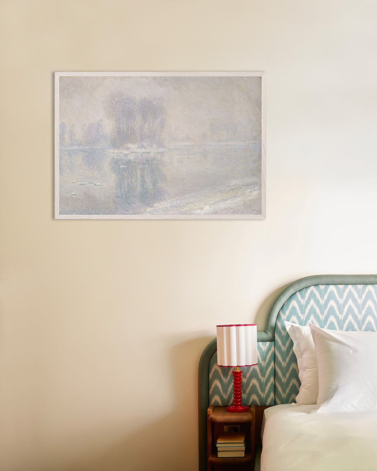 Poster IJsschotsen (1893) van Claude Monet met witte houten lijst