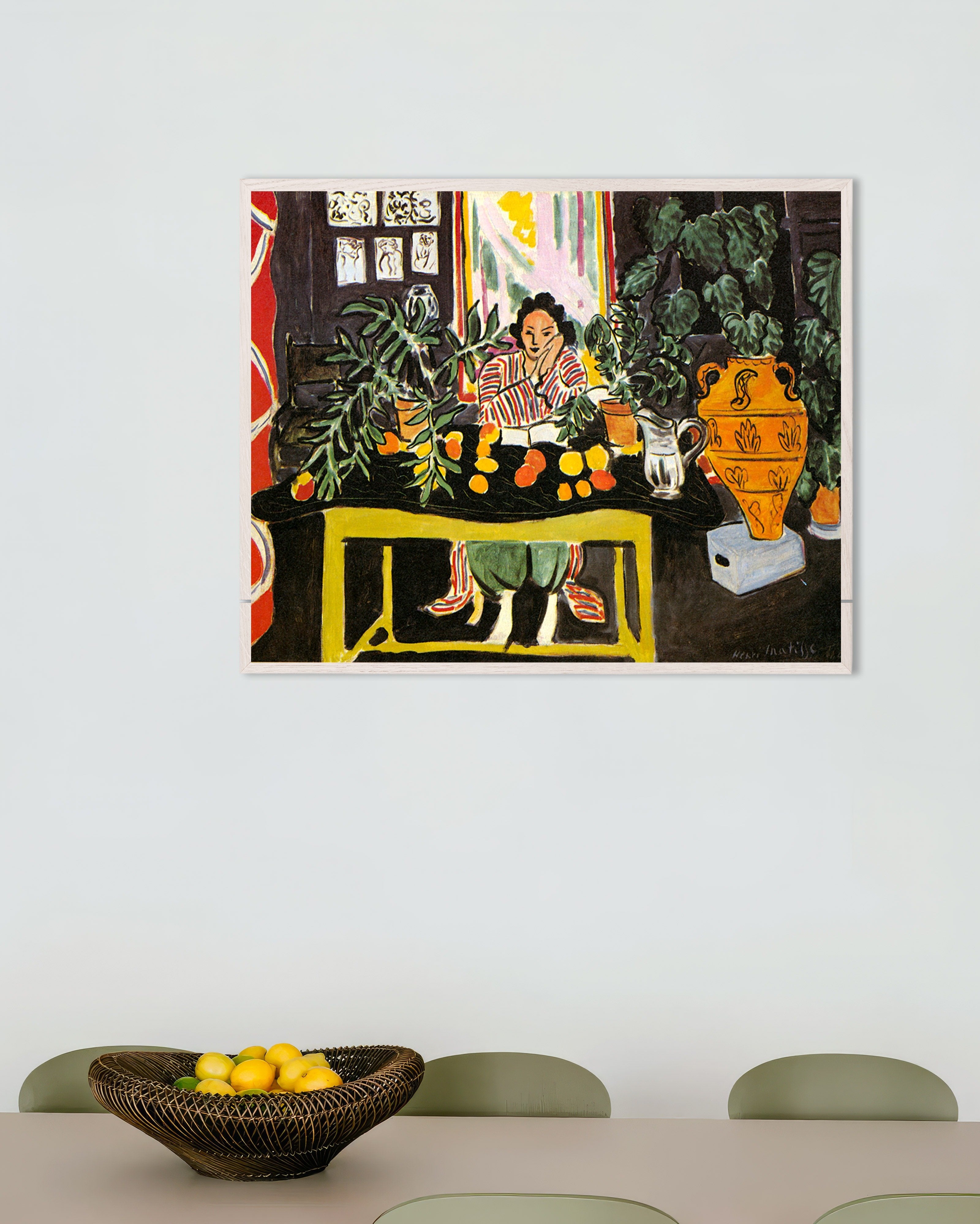 Poster of Interior with Etruscan Vase (1940) by Henri Matisse, with white wooden frame