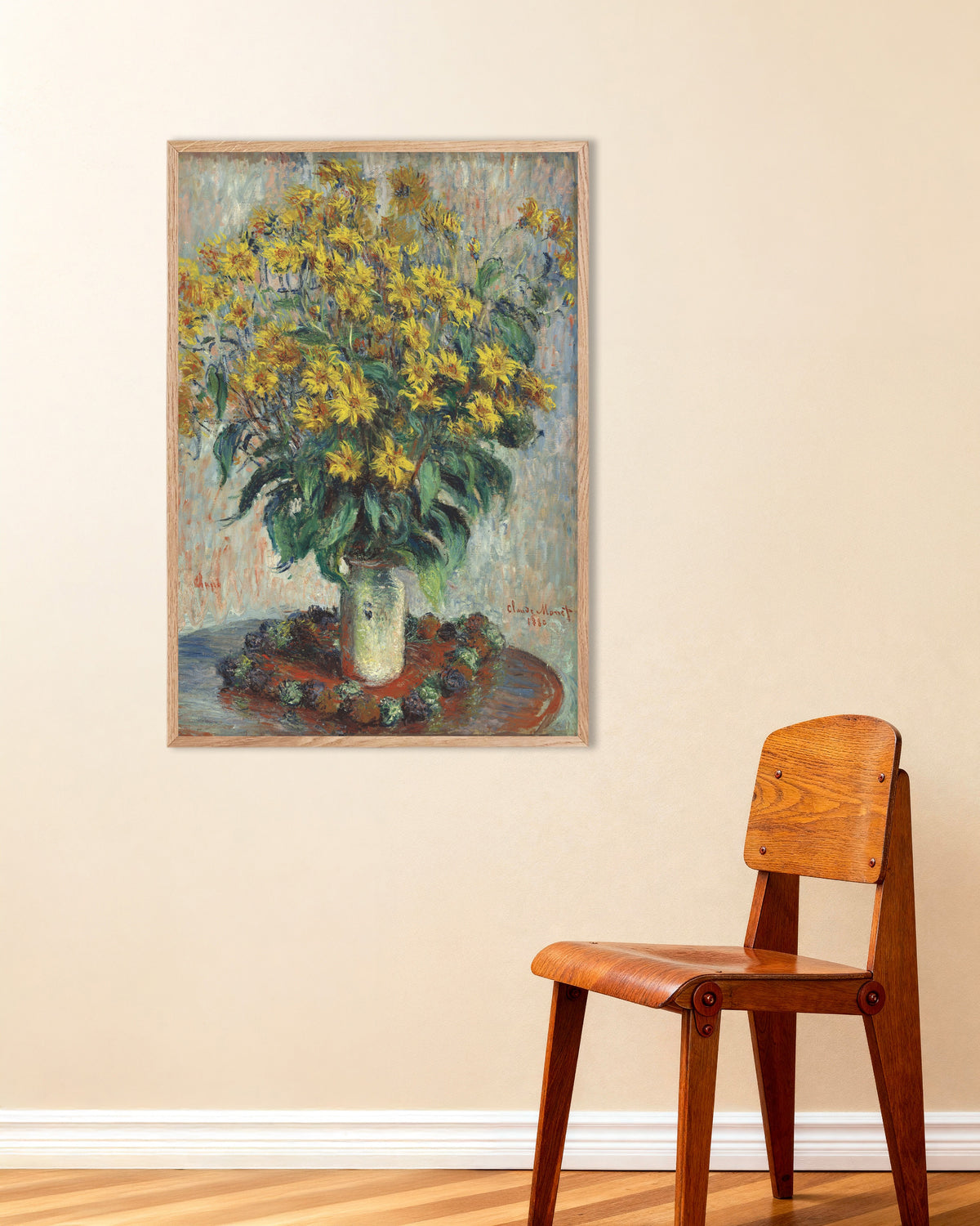 Poster Aardperbloemen (1880) van Claude Monet met naturel houten lijst