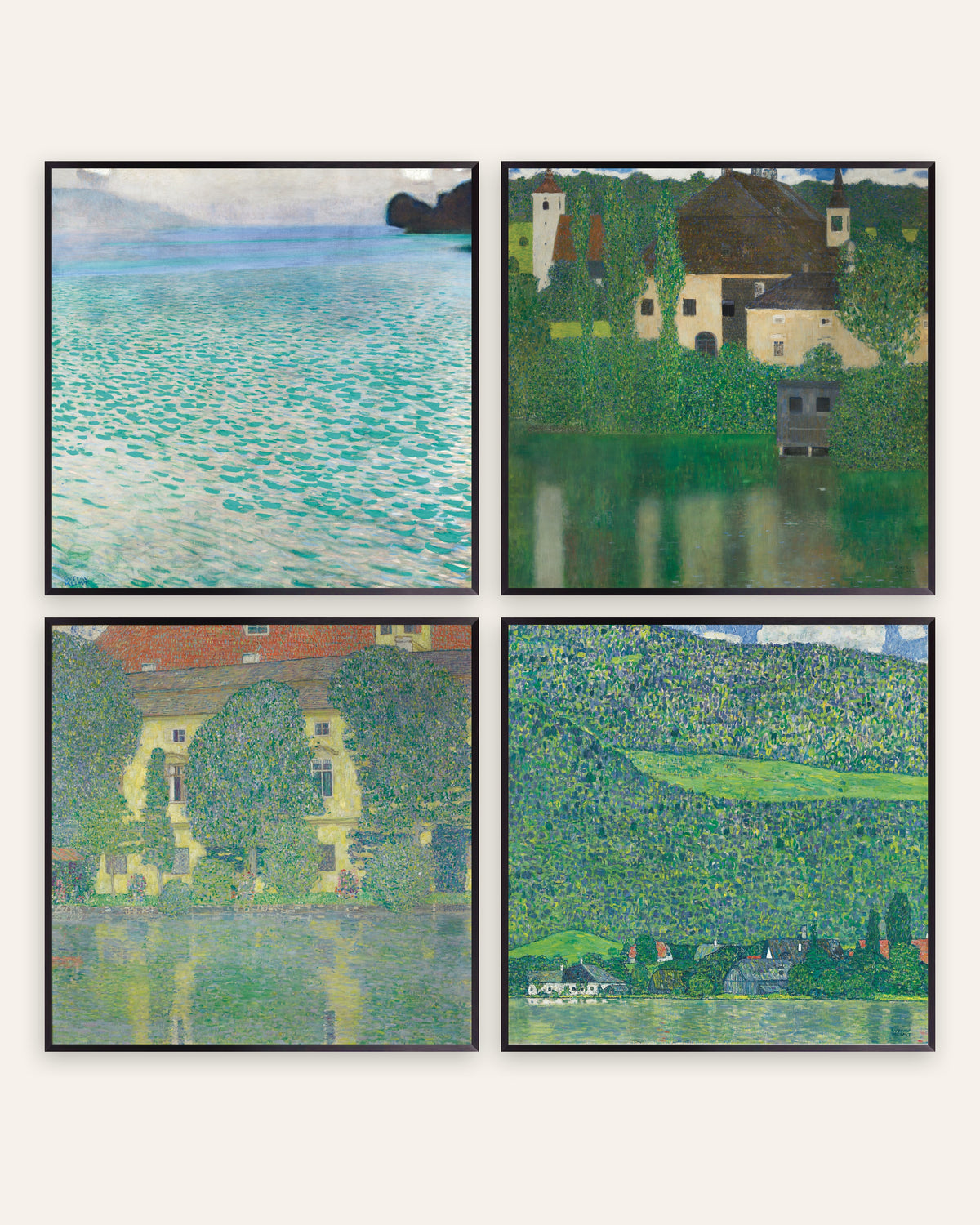 Klimt posters, set van 4: de Attersee, Schloss Kammer en Litzlberg, in zwarte metalen lijsten