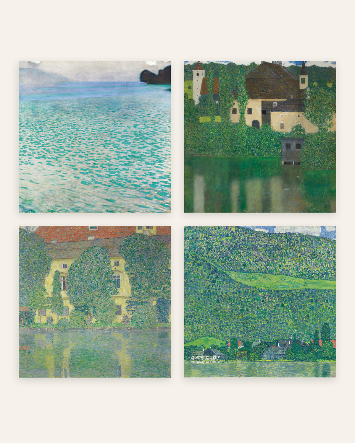 Klimt posters, set van 4: de Attersee, Schloss Kammer en Litzlberg, zonder lijst