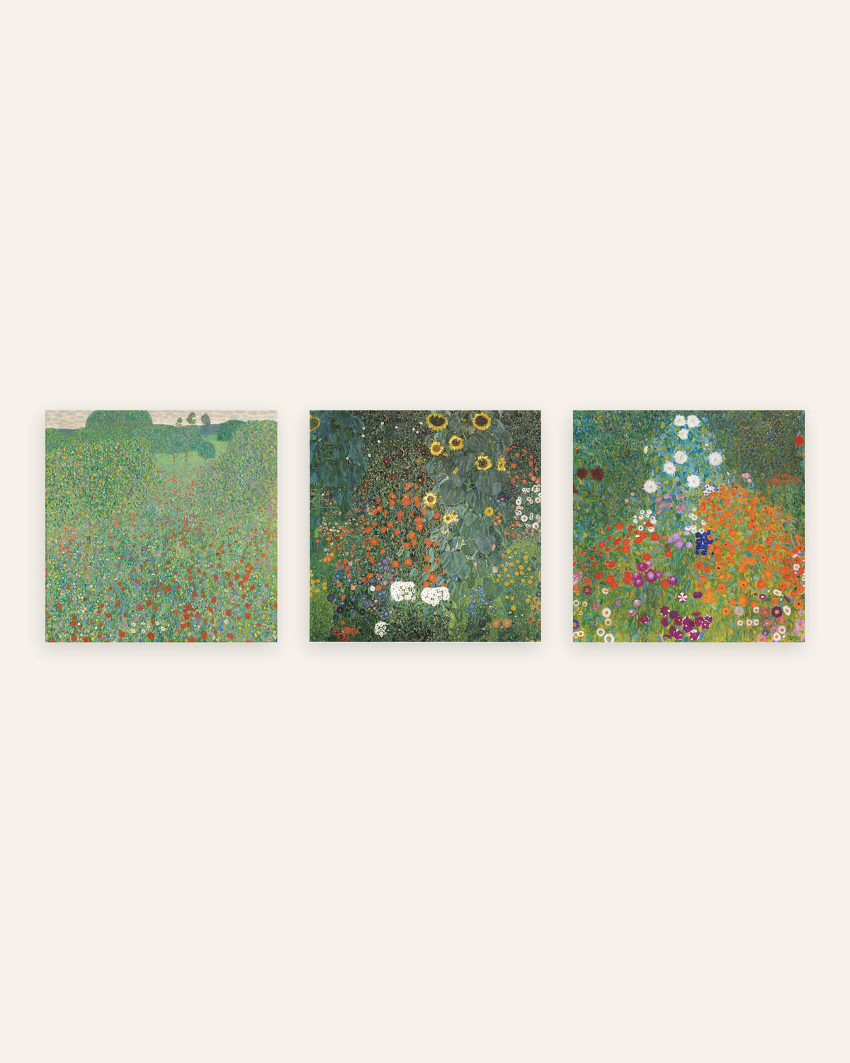 Klimt posters, set van 3: Klaprozenveld, Boerentuin met zonnebloemen en Boerentuin, zonder lijst