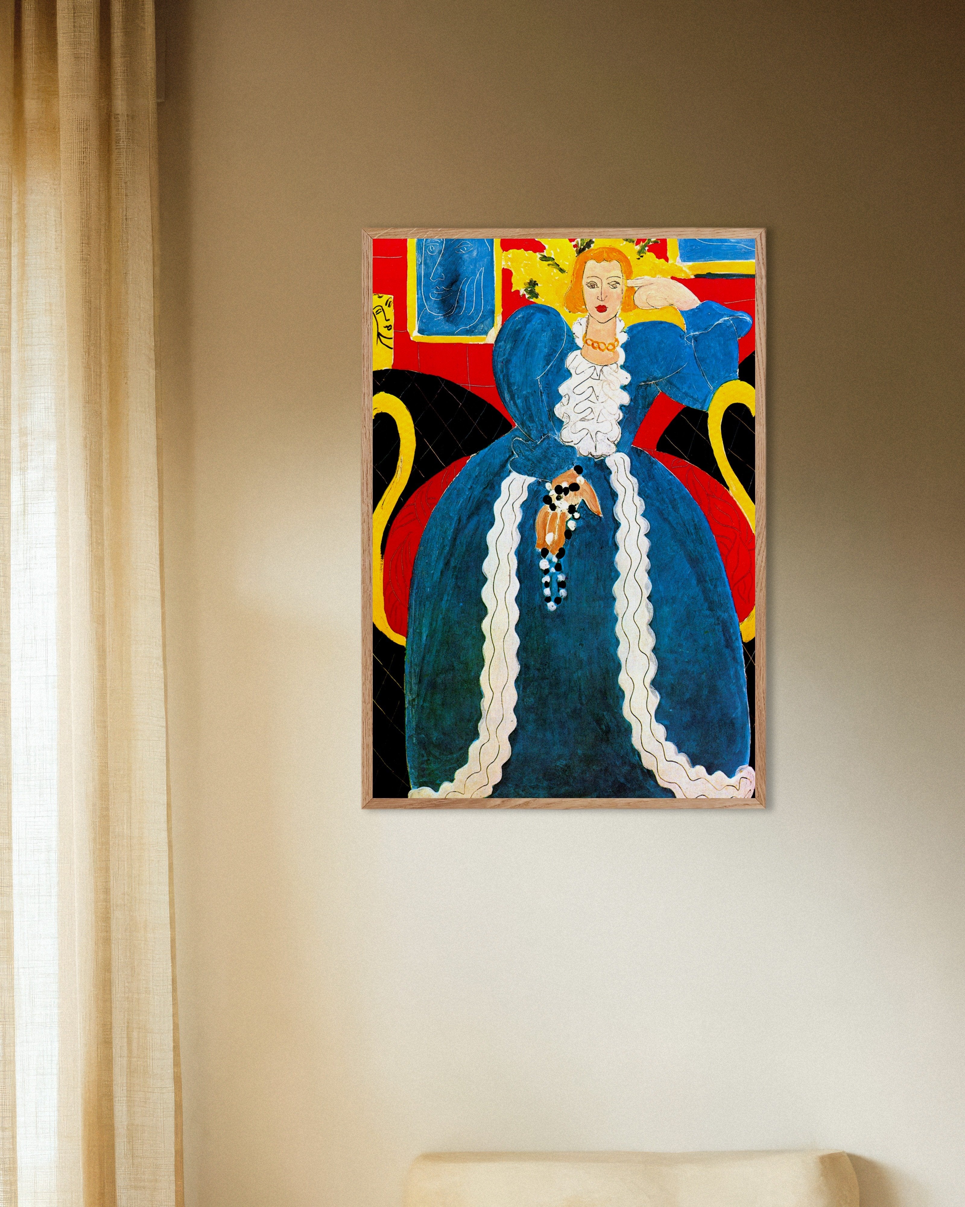 Poster of Lady in blue (1937) by Henri Matisse, with natural wooden frame