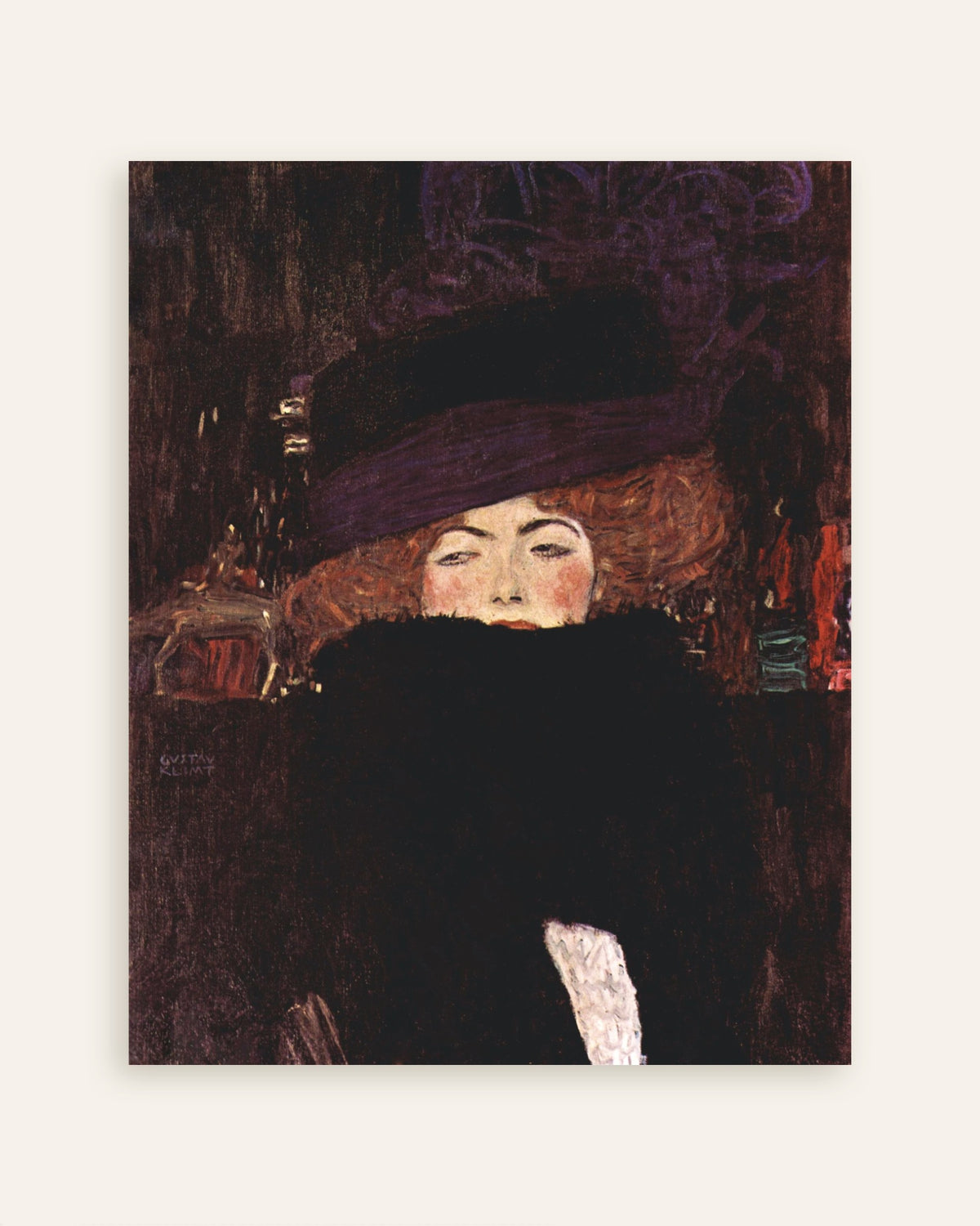 Poster van Dame met hoed en verenboa (1909) van Gustav Klimt, miniatuur