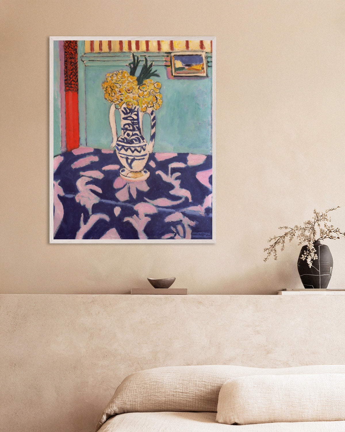 Poster van De koekoeken, blauw en roze tapijt (1911) van Henri Matisse, met witte houten lijst