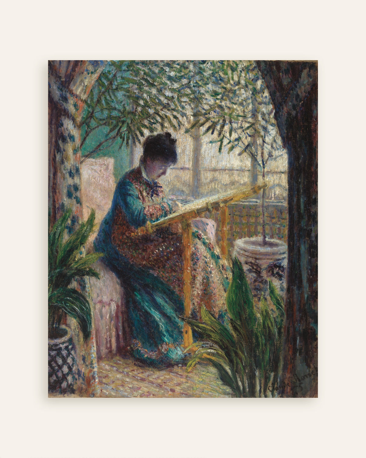 Poster Madame Monet aan het borduren (1875) van Claude Monet, miniatuur