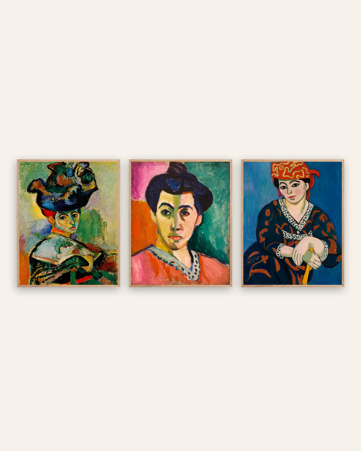 Matisse posters, set van 3 fauvistische portretten: Vrouw met hoed, Madame Matisse en Rode madras-hoofddoek, in naturel eikenhouten lijsten