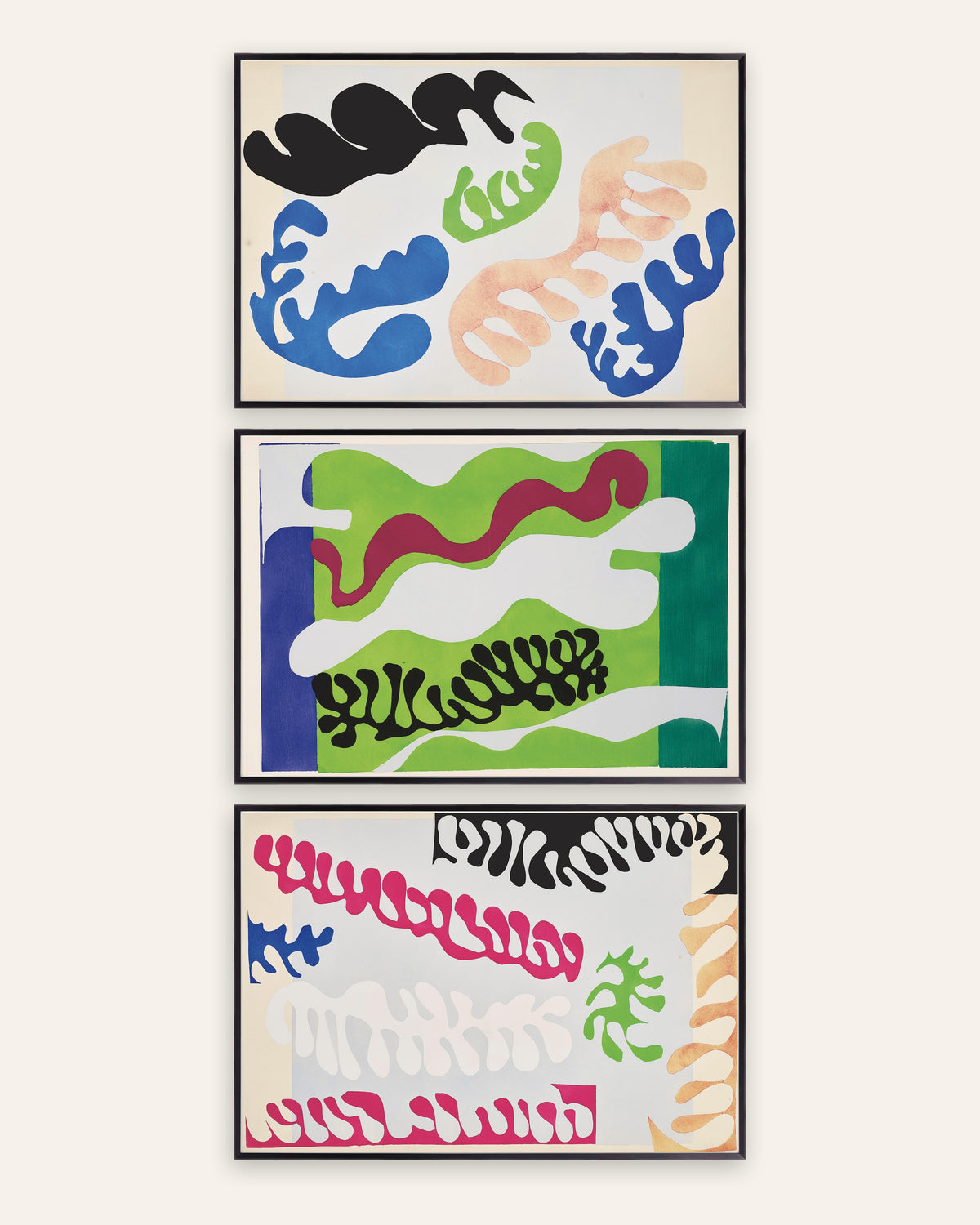 Matisse Jazz posters, set van 3: De lagune in blauw, groen en roze, in zwarte metalen lijsten