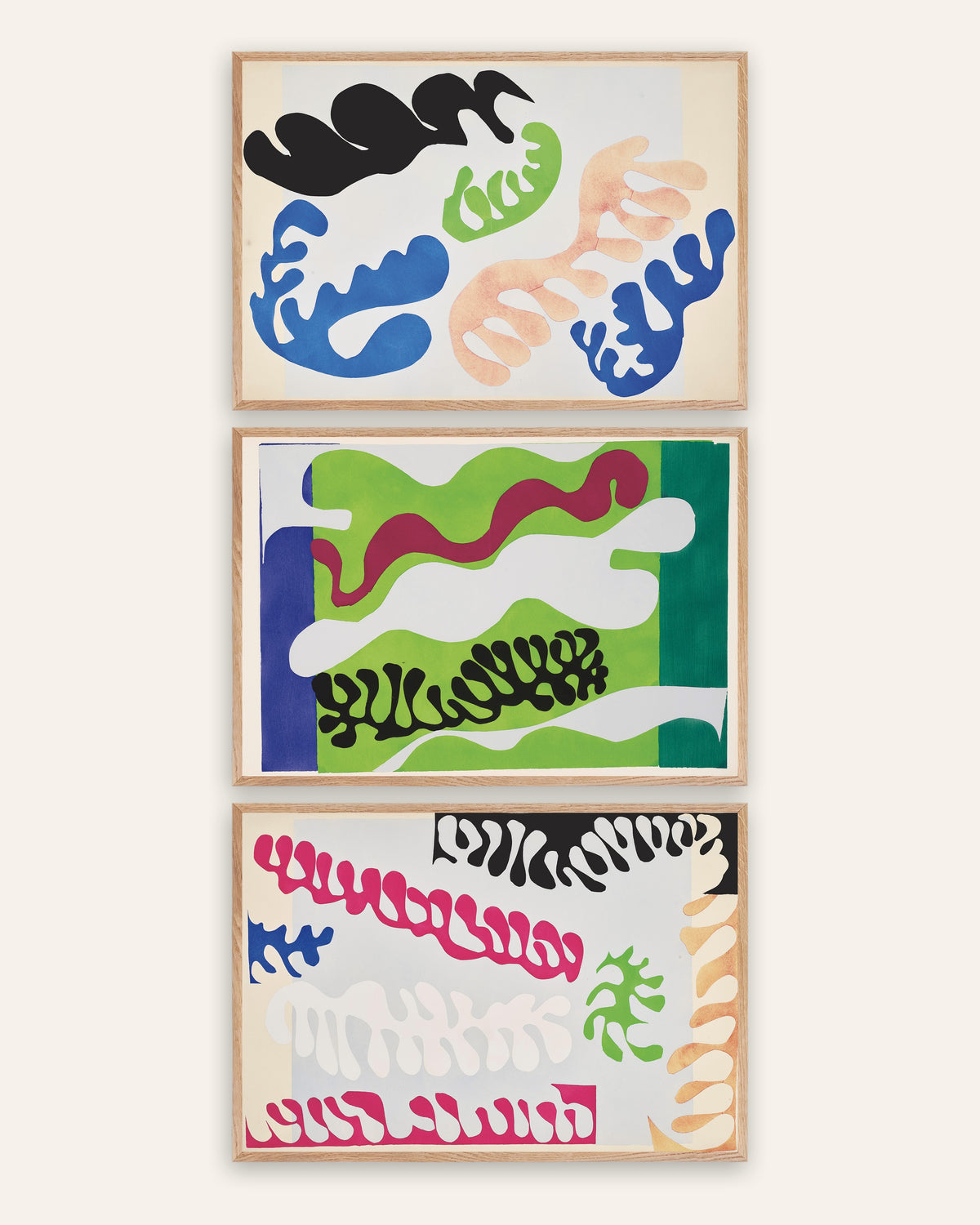 Matisse Jazz posters, set van 3: De lagune in blauw, groen en roze, in naturel eikenhouten lijsten
