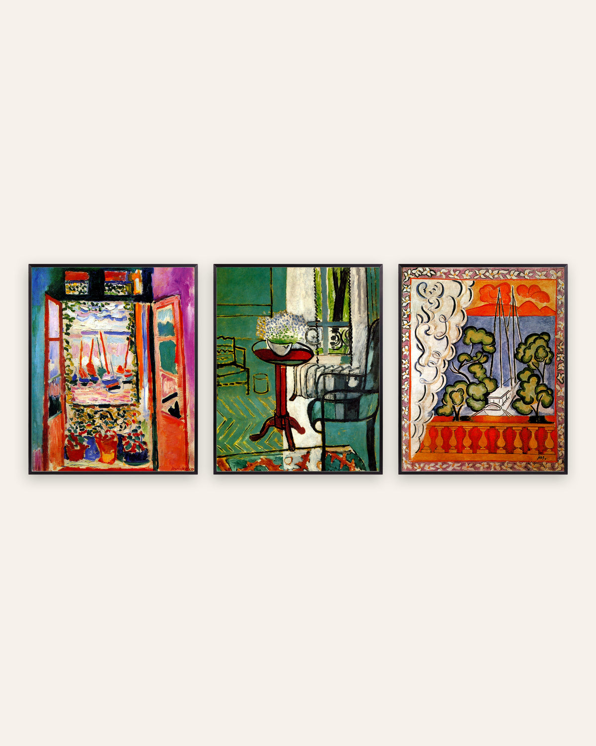 Matisse posters, set van 3: ramen in Collioure, met vergeet-mij-nietjes en op Tahiti, in zwarte metalen lijsten